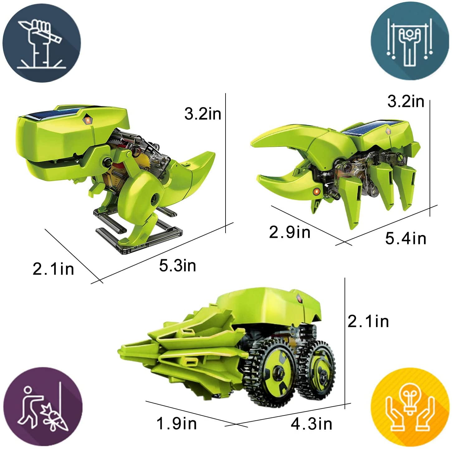 CEDQ Educational STEM Toys, 3-in-1 Solar Robot Dinosaur Kit, DIY STEM Dinosaur, Insect Unicorn, Drilling car Toys, Science Kit for Kids 8-12 Years Old Gifts, Build a Robot DIY Toys, Green - Image 11