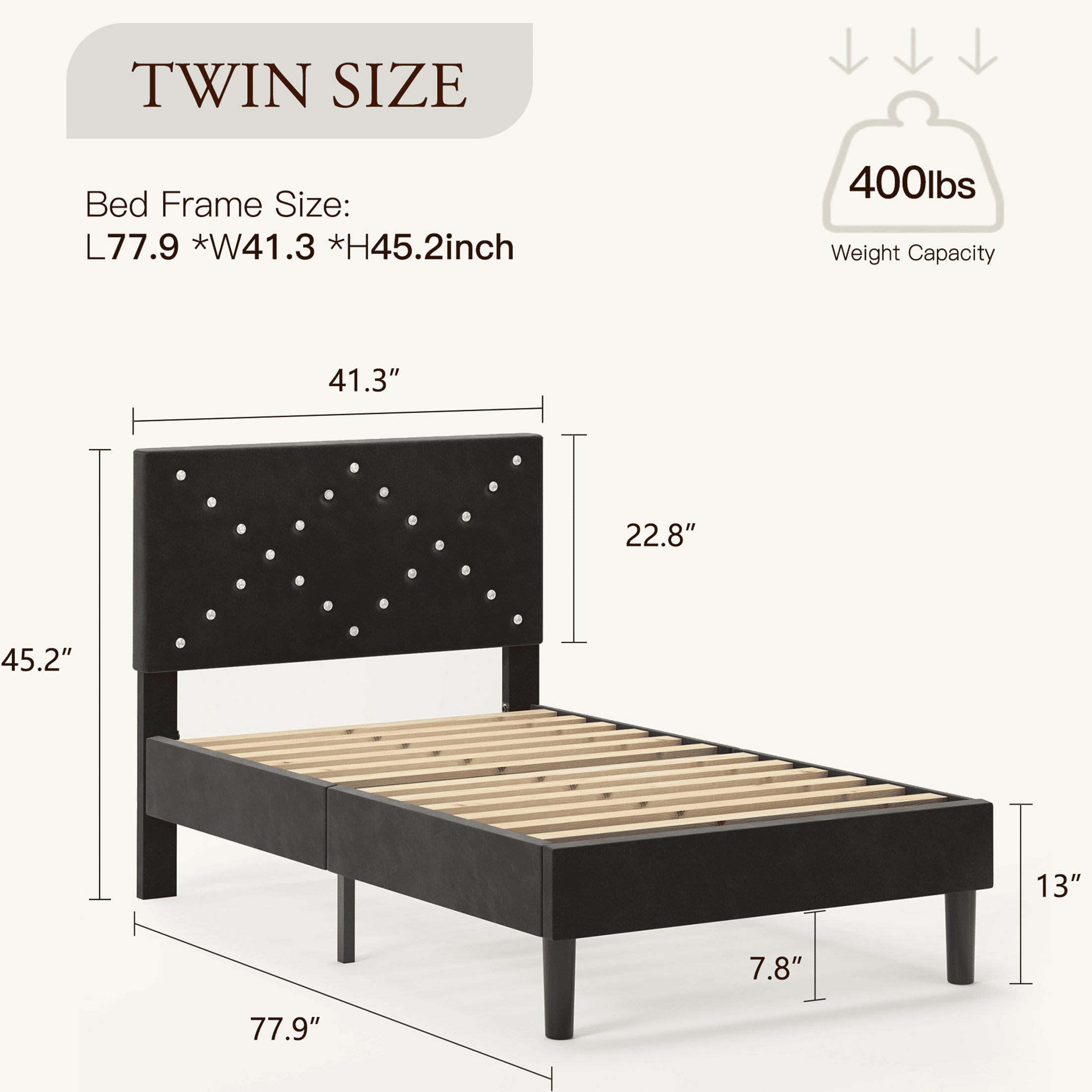 UHOMEPRO Black Platform Bed Frame, Twin Bed Frame with Velvet Upholstered Headboard, No Box Spring Needed, Easy Assembly - Image 3