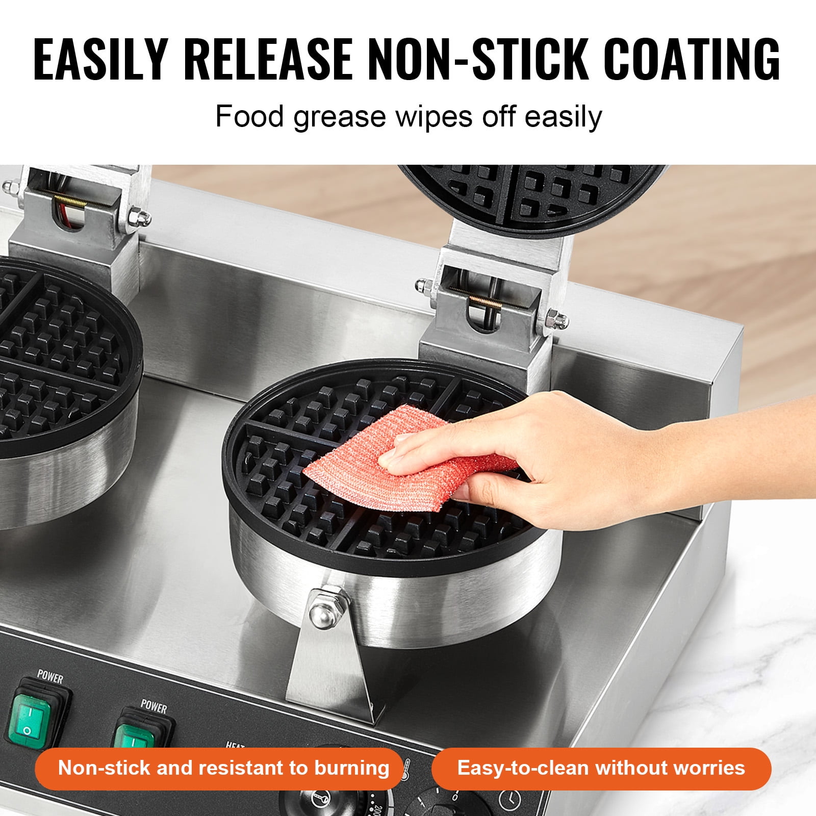 KFFKFF Double Head Commercial Waffle Maker, Round Belgian Waffle Cooking Device, 2460W, Non-Stick, with Temperature and Timer Settings, Ideal for Cafes, Bakeries, Snack Shops, and Home Use - Image 6