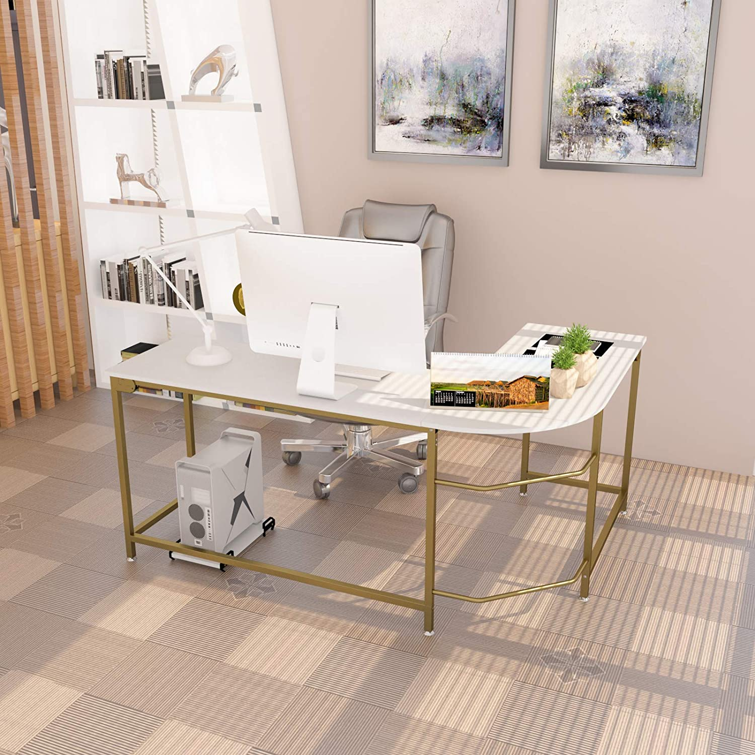 GEZEN Modern L-Shaped Computer Desk PC Latop Corner Table for Home Office, White with Gold Frame - Image 5