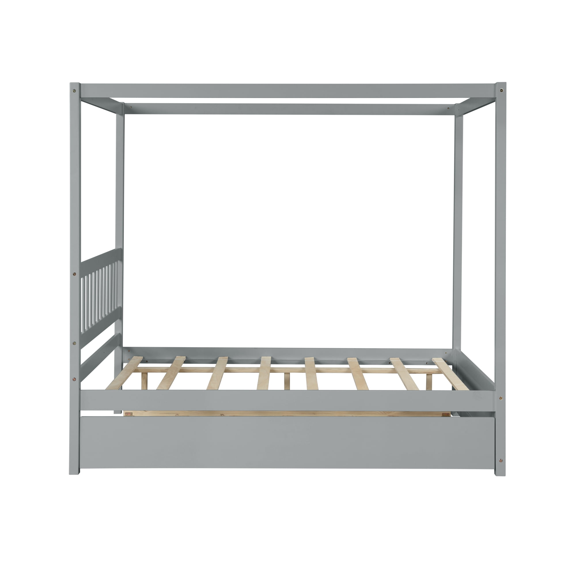 Clipeyh Full Size Gray Canopy Bed with Trundle Pinewood Platform Frame - Image 5