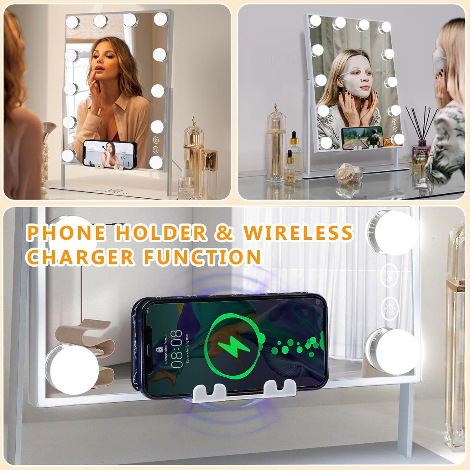 Fenchilin Vanity Makeup Mirror with Lights Bluetooth Wireless Charging Tabletop Metal White - Image 11