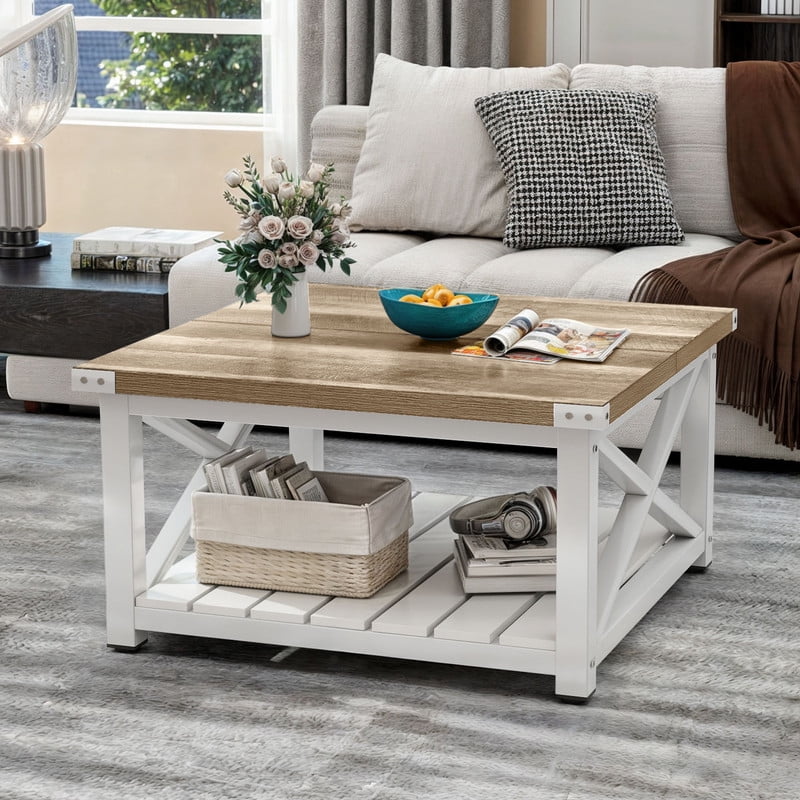 Uforic Farmhouse Coffee Table Square Wood Center Table with Storage for Living Room, Gray Wash - Image 7