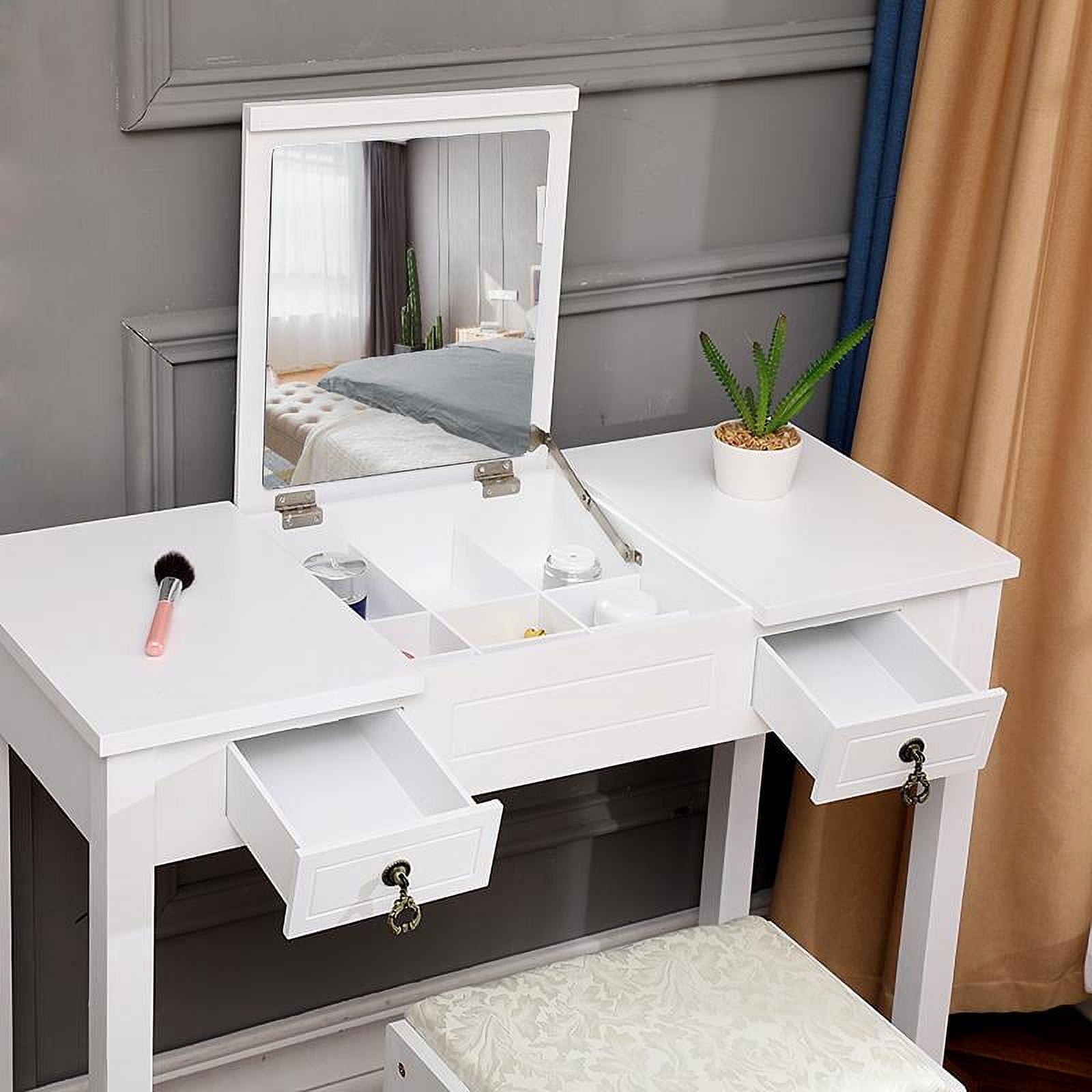 Ktaxon Vanity Set,Flip-top Mirror Dressing Table Makeup Vanity Table Writing Desk with 2 Drawers and Stool, White - Image 11
