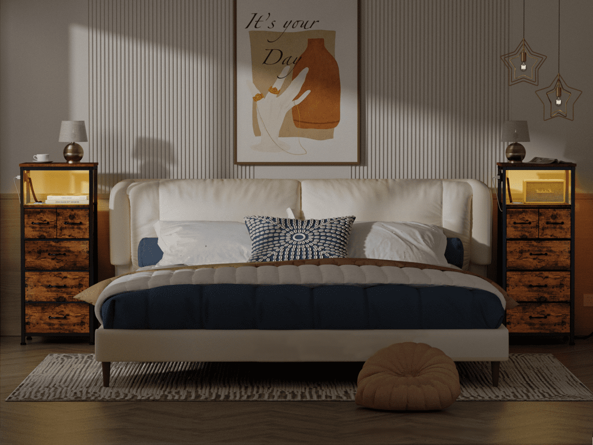 Furologee Vertical Storage Dresser with 5 Drawers & Shelves for Bedroom, Living Room, Nightstand with Charging Station & Led Lights for Adult, Rustic Brown - Image 12