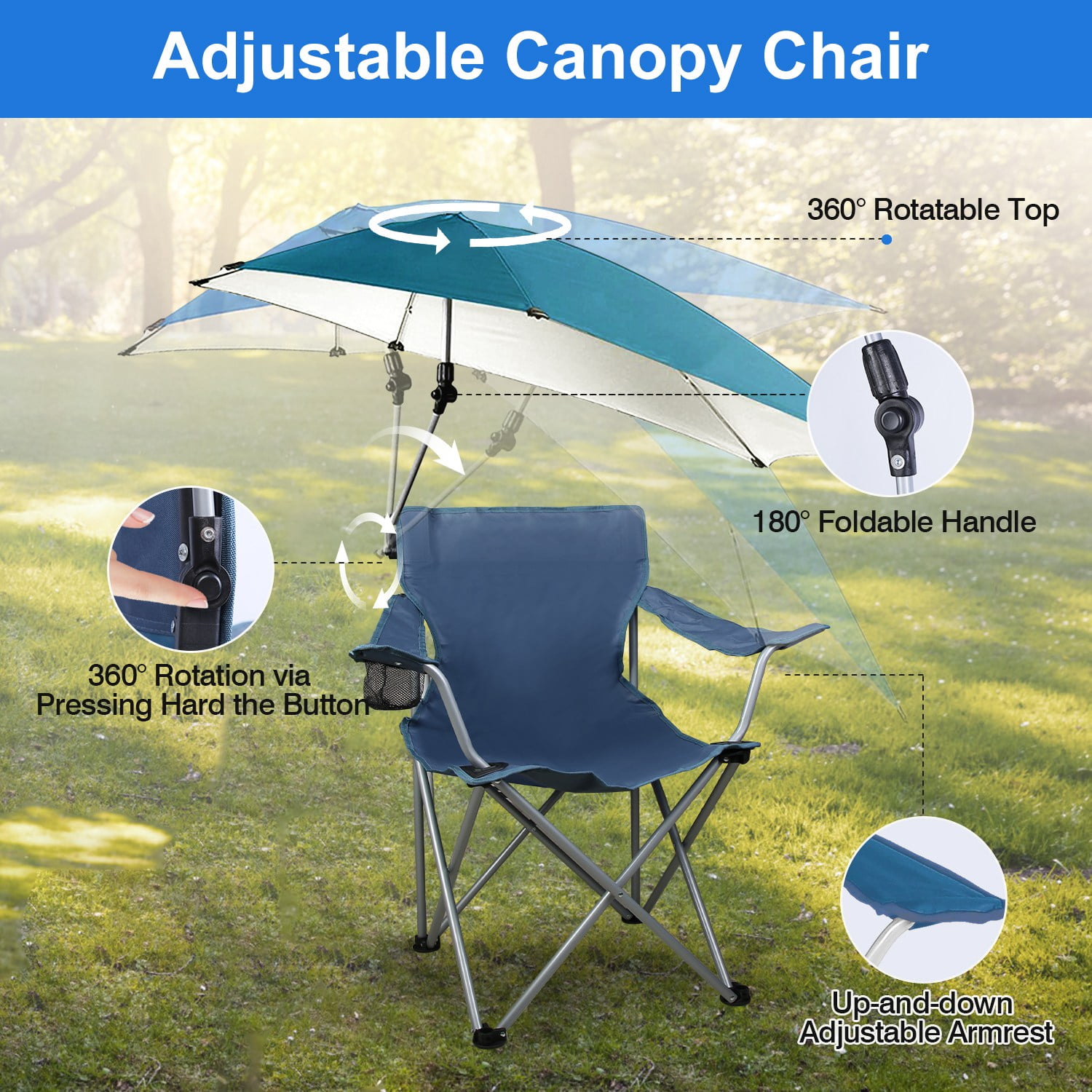 Moclever Canopy Beach Chair Folding Camping Chair with Cup Holder and Detachable Umbrella, Black - Image 11