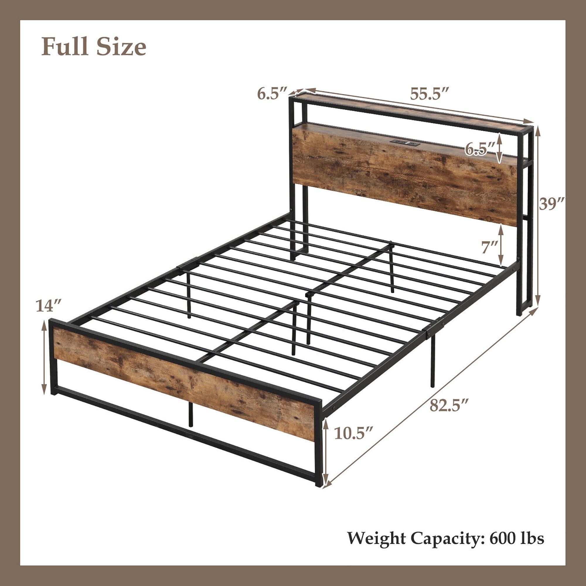 Gymax Full Size Industrial Platform Bed Frame with Charging Station Storage Headboard - Image 4