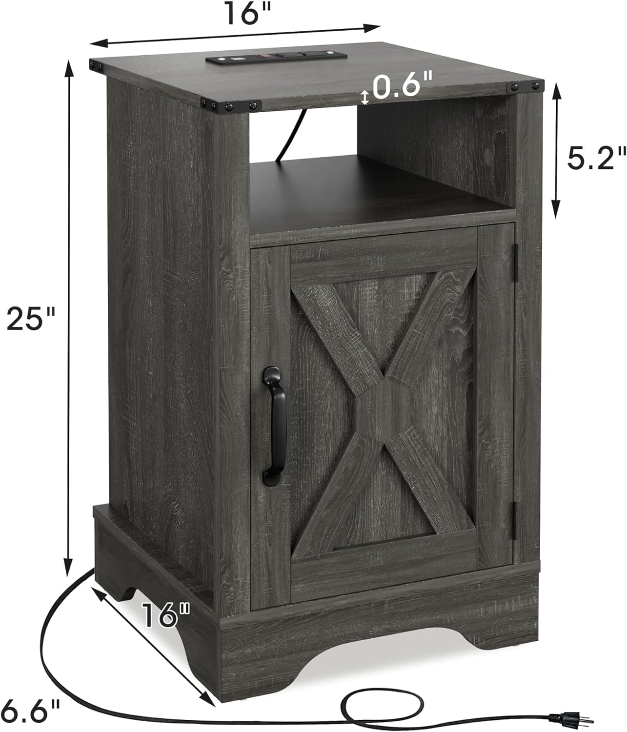 Mayincolor Farmhouse Nightstand with Charging Station, Tall Bedside Table with X-Shaped Design, Wooden Rustic End Table with Large Storage Room and Shelf for Bedroom, Living Room, Rustic Dark Grey - Image 6