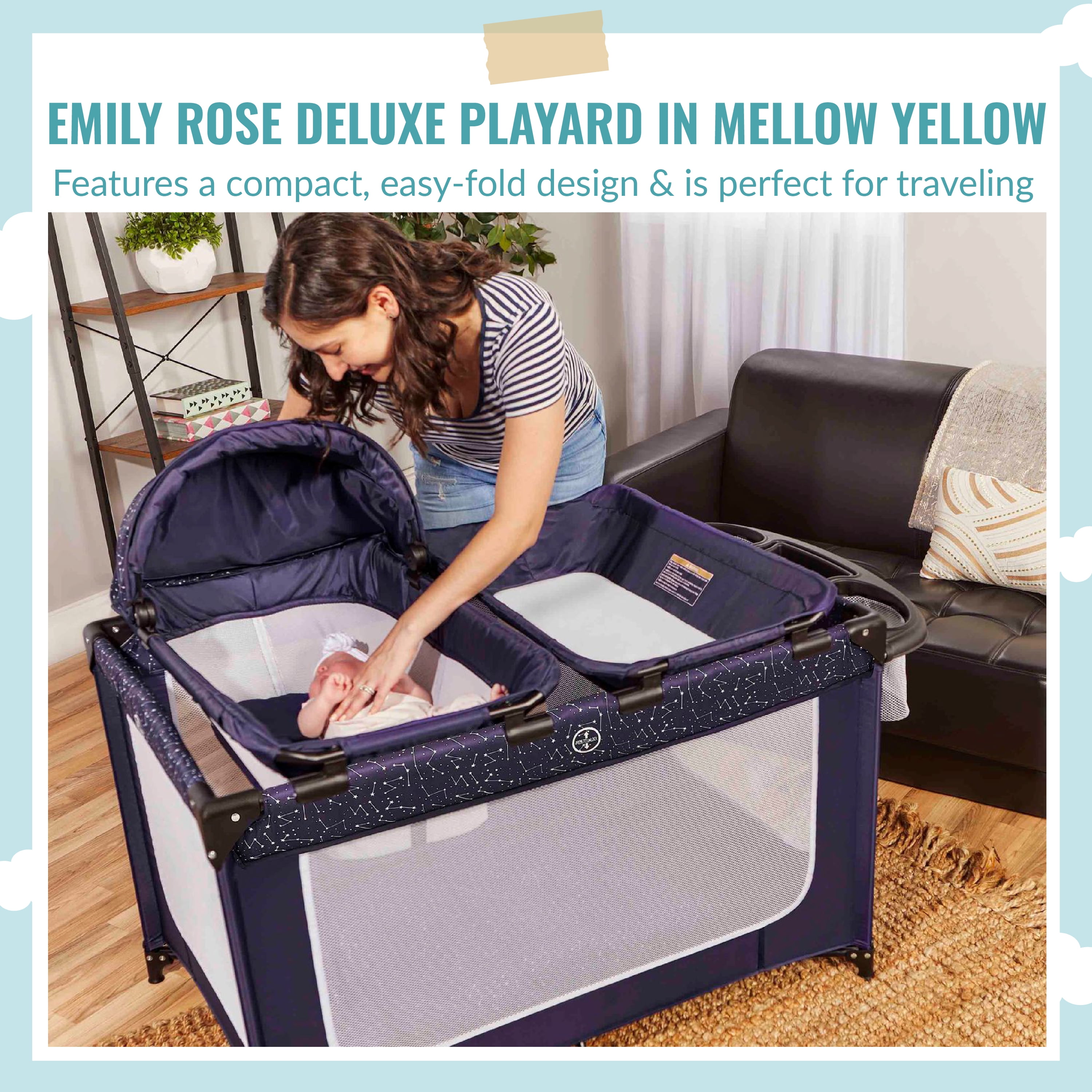 Dream On Me Emily Rose Deluxe Playard with Changing Tray and Infant Bassinet | with Canopy | Waterproof Fabric | with Changing Station | JPMA Certified | Lightweight In In Galaxy Blue - Image 22