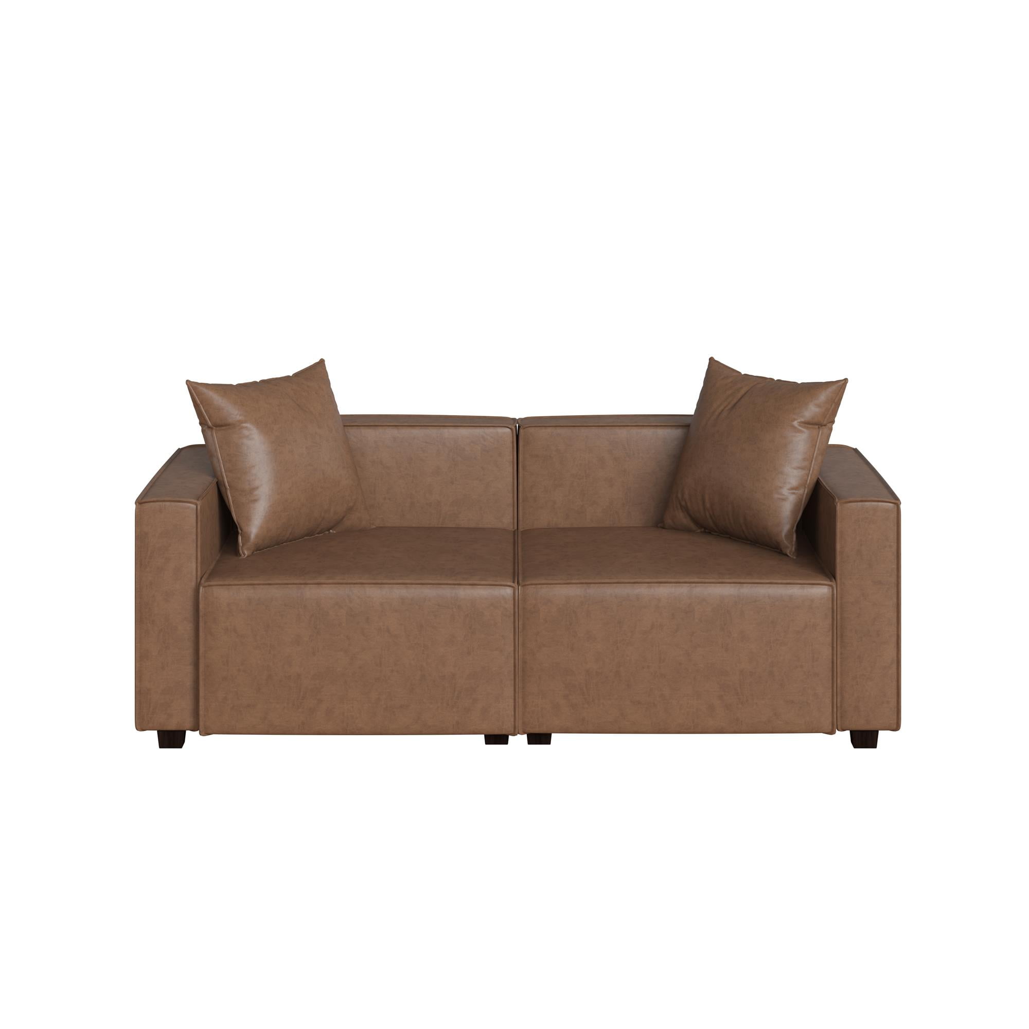 Mainstays Wynnewood 75" Low Profile Faux Leather Sofa Couch with 2 Throw Cushions, Brown - Image 12