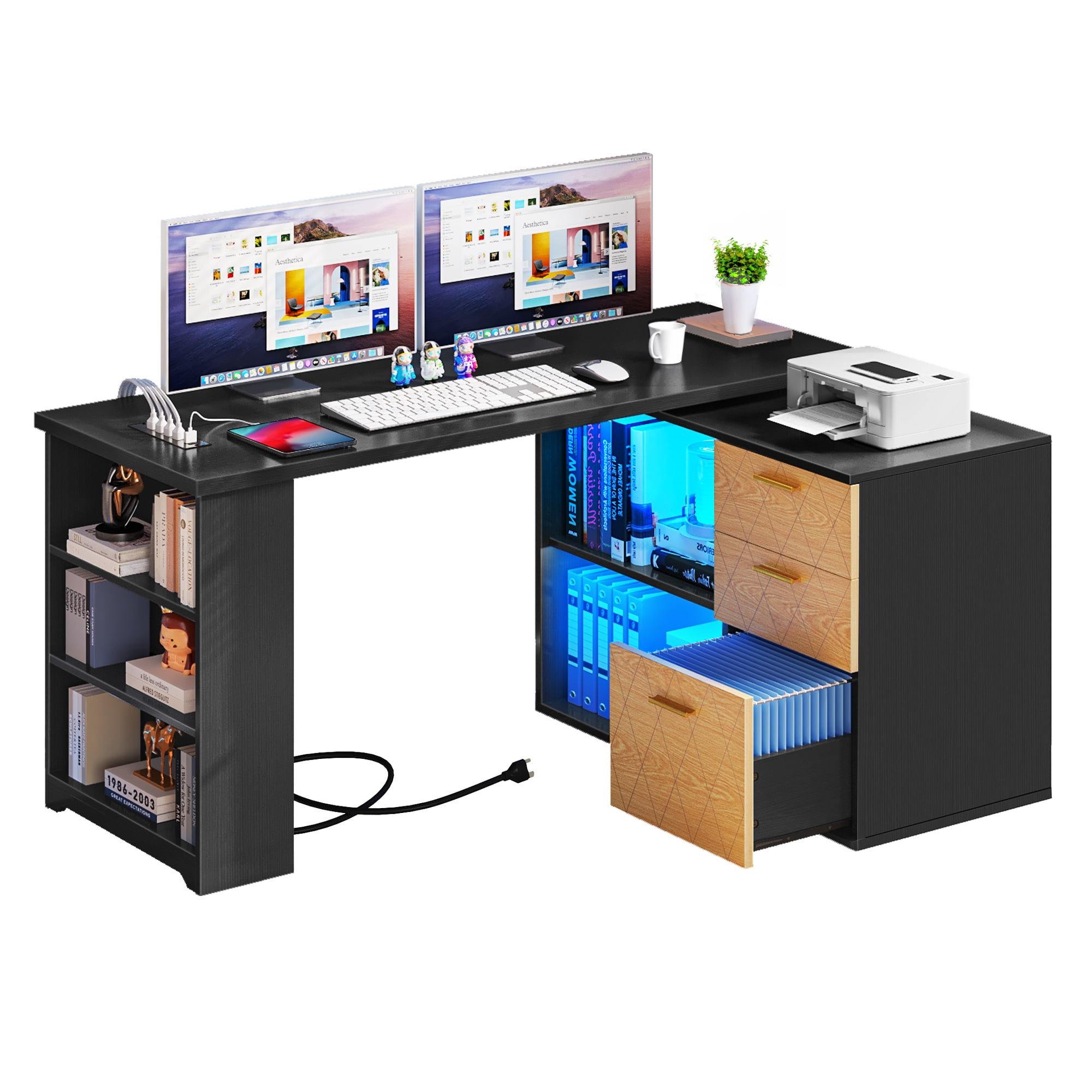 Dextrus L Shaped Desk with LED Light & Power Outlets, 59 inch Reversible Computer Desk with File Cabinet & Storage Shelves, Executive Desk Office Desk Writing Desk for Home Office, Black - Image 13