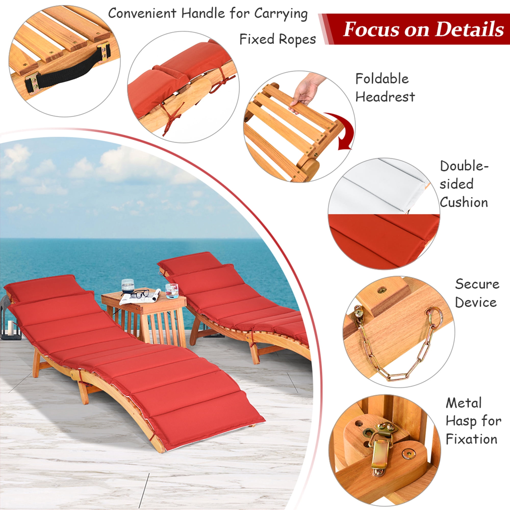 Costway 3PCS Wooden Folding Lounge Chair Set Cushion Pad Pool Deck - Image 9
