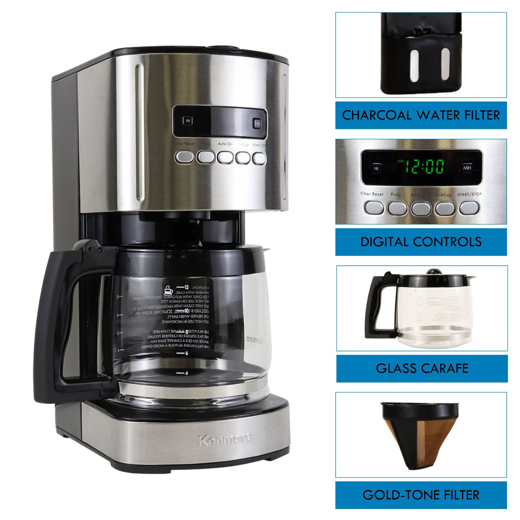 Kenmore Aroma Control 12-Cup Programmable Coffee Maker, Black and Stainless Steel Drip Coffee Machine, Glass Carafe, Reusable Filter, Timer, Digital Display Charcoal Water Filter, Regular or Bold - Image 2