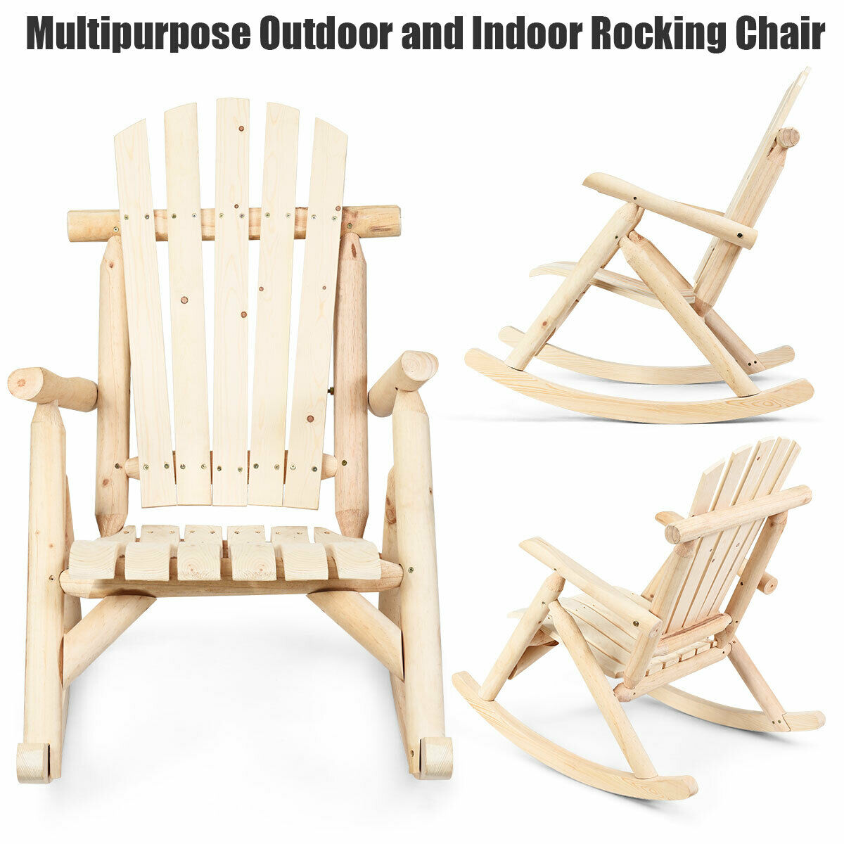 Costway Log Rocking Chair Wood Single Porch Rocker Lounge Patio Deck Furniture Natural - Image 6