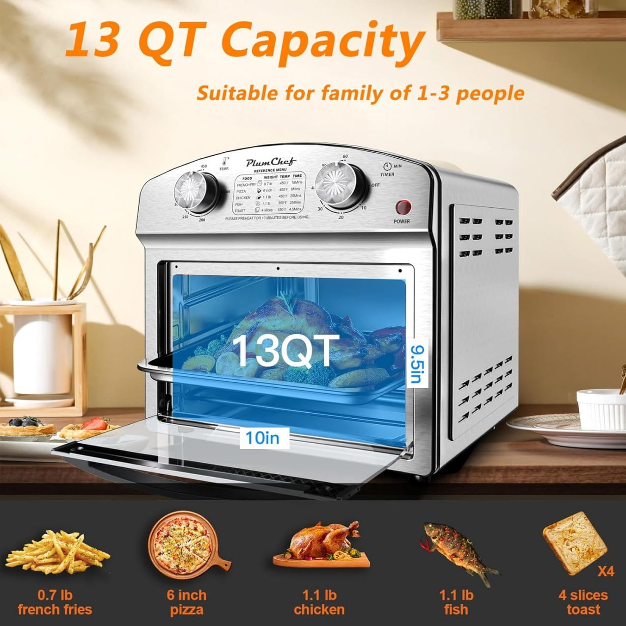 12.5 Quart 7-in-1 Air Fryer Toaster Oven with Time & Temp Control, 5 Preset Modes - Image 4
