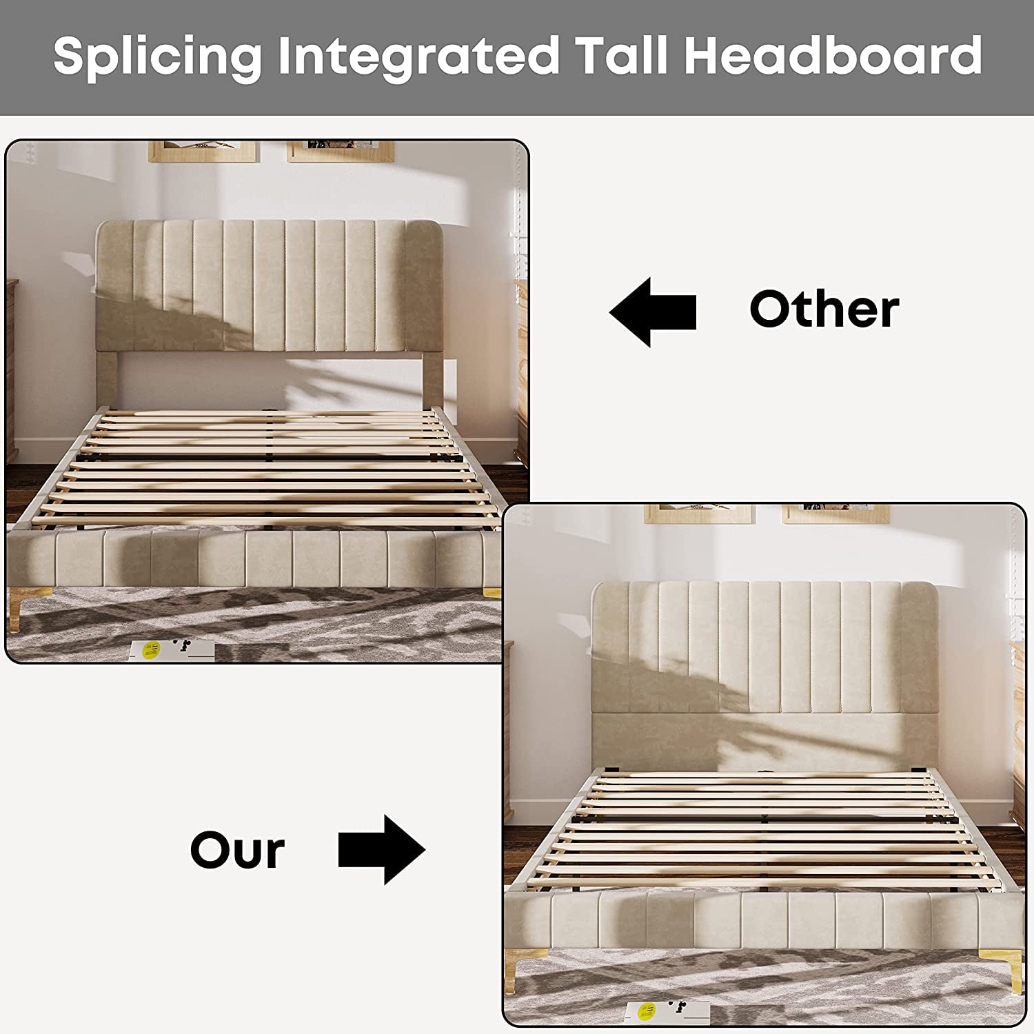 LIKIMIO Queen Upholstered Bed Frame with Headboard and Strong Supports, Velvet/Beige - Image 2