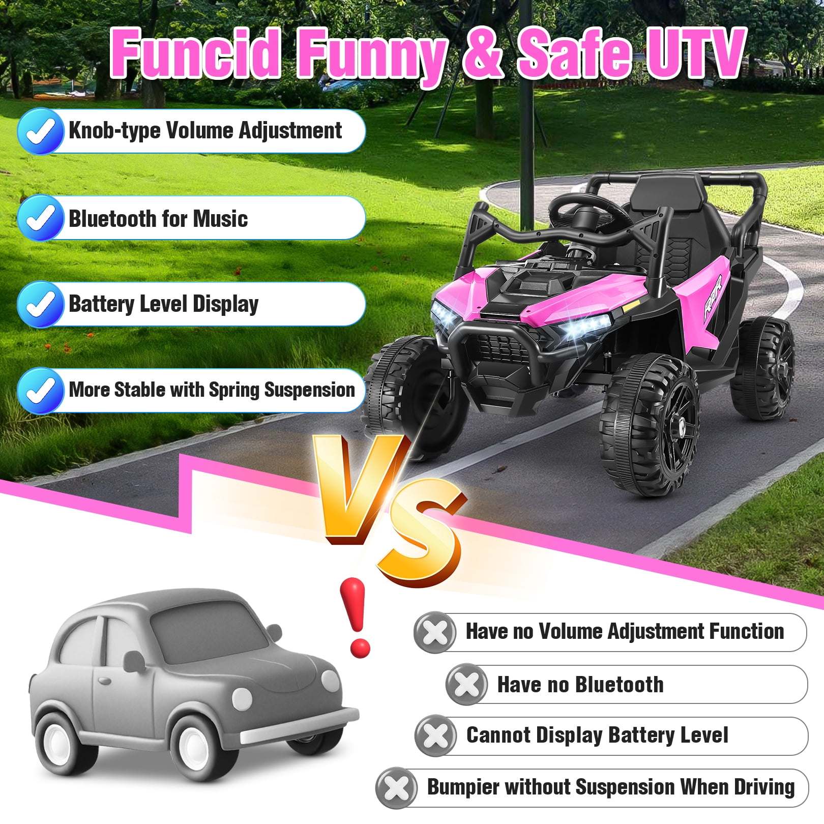Funcid 12V Ride on Toys with Remote Control, Single Seater Ride on Cars, 200W Electric Car for Kids w/ Bluetooth, Knob Volume Control, Battery Indicator, MP3, Spring Suspension, Pink - Image 4