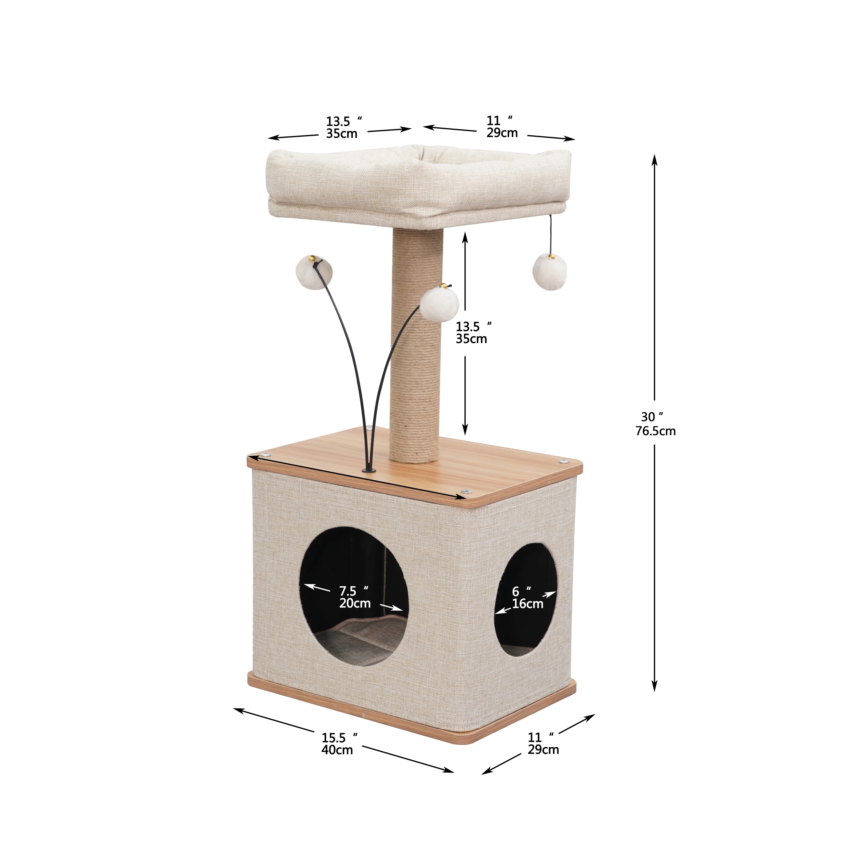 Vibrant Life 3-Level 30" Minimalist Cat Tree with Large Condo and Perch, 3 Toys, Beige - Image 10