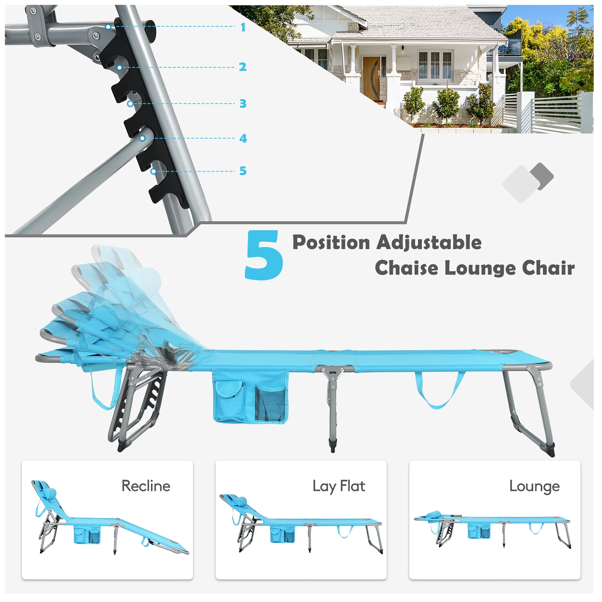 Gymax Portable Beach Chaise Lounge Chair Folding Reclining Chair w/ Facing Hole Turquoise - Image 4