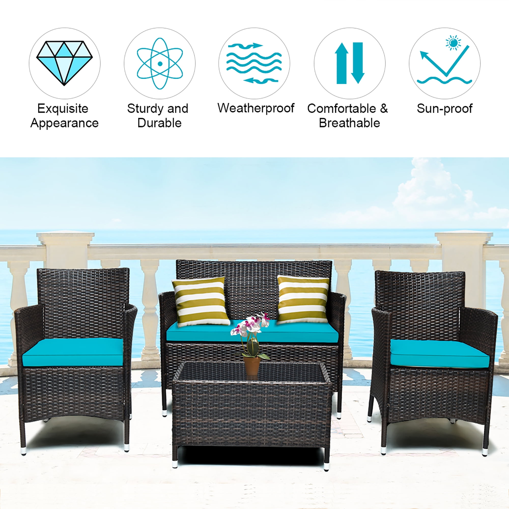 Costway 4PCS Outdoor Patio PE Rattan Wicker Table Shelf Sofa Furniture Set With Turquoise Cushion - Image 5
