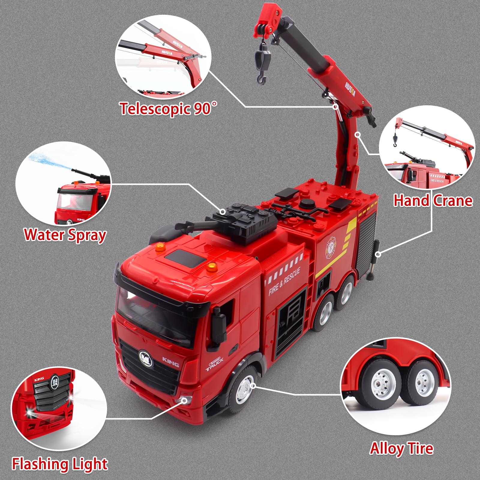 Remote Control Fire Truck, 9 Channel RC Rescue Firetruck with Water Spraying Pump and Lights Sounds, RC Crane RC Truck Toys for Kids Boys Gift - Image 6