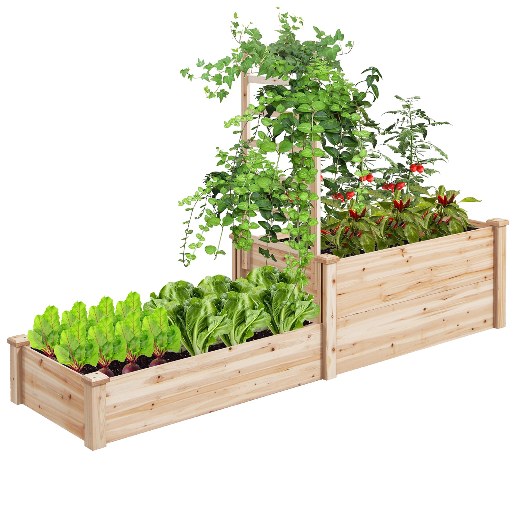 Gymax Raised Garden Bed w/ 2 Planter Boxes & Trellis Outdoor Wooden Planter Box Kit for Sapling - Image 3