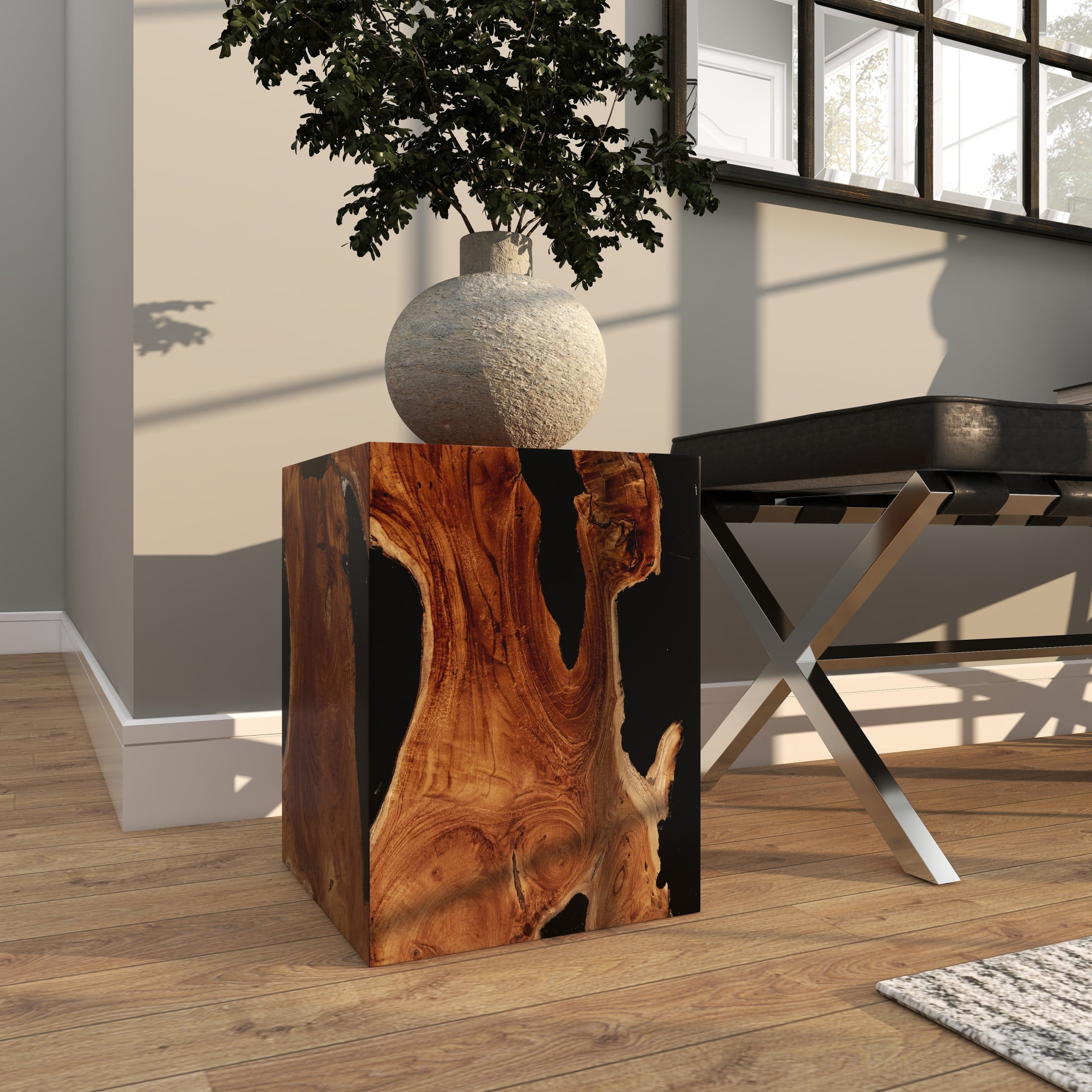 DecMode 12" x 15" Brown Teak Wood Block Abstract Accent Table with Black Resin Inlay, 1-Piece - Image 7