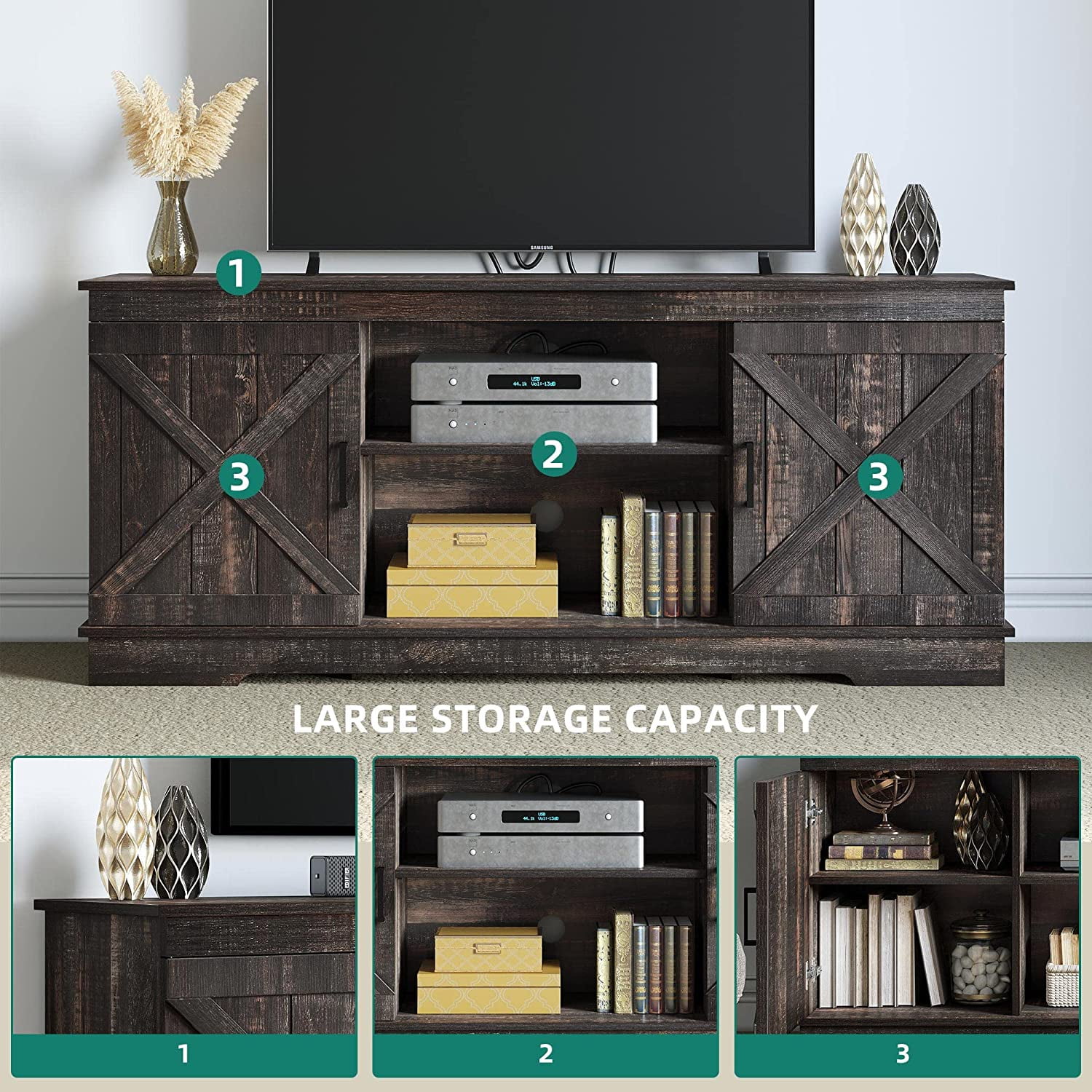 DEXTRUS Rustic TV Stand for 65 Inch TV, Entertainment Center for 300lbs with Double Barn Doors, TV Media Console TV Cabinet, Dark Oak - Image 3