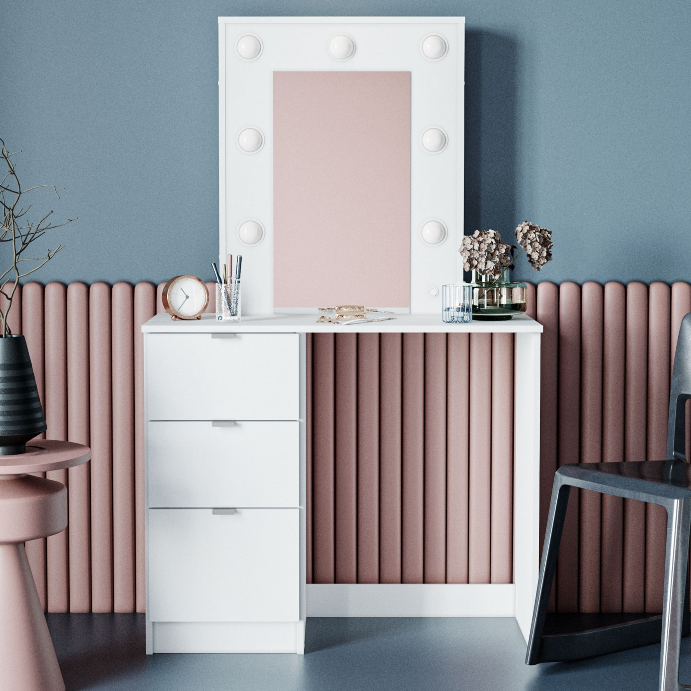 Polifurniture Daisy Modern Bedroom Makeup Vanity Table with Lighted Mirror, White Finish - Image 2