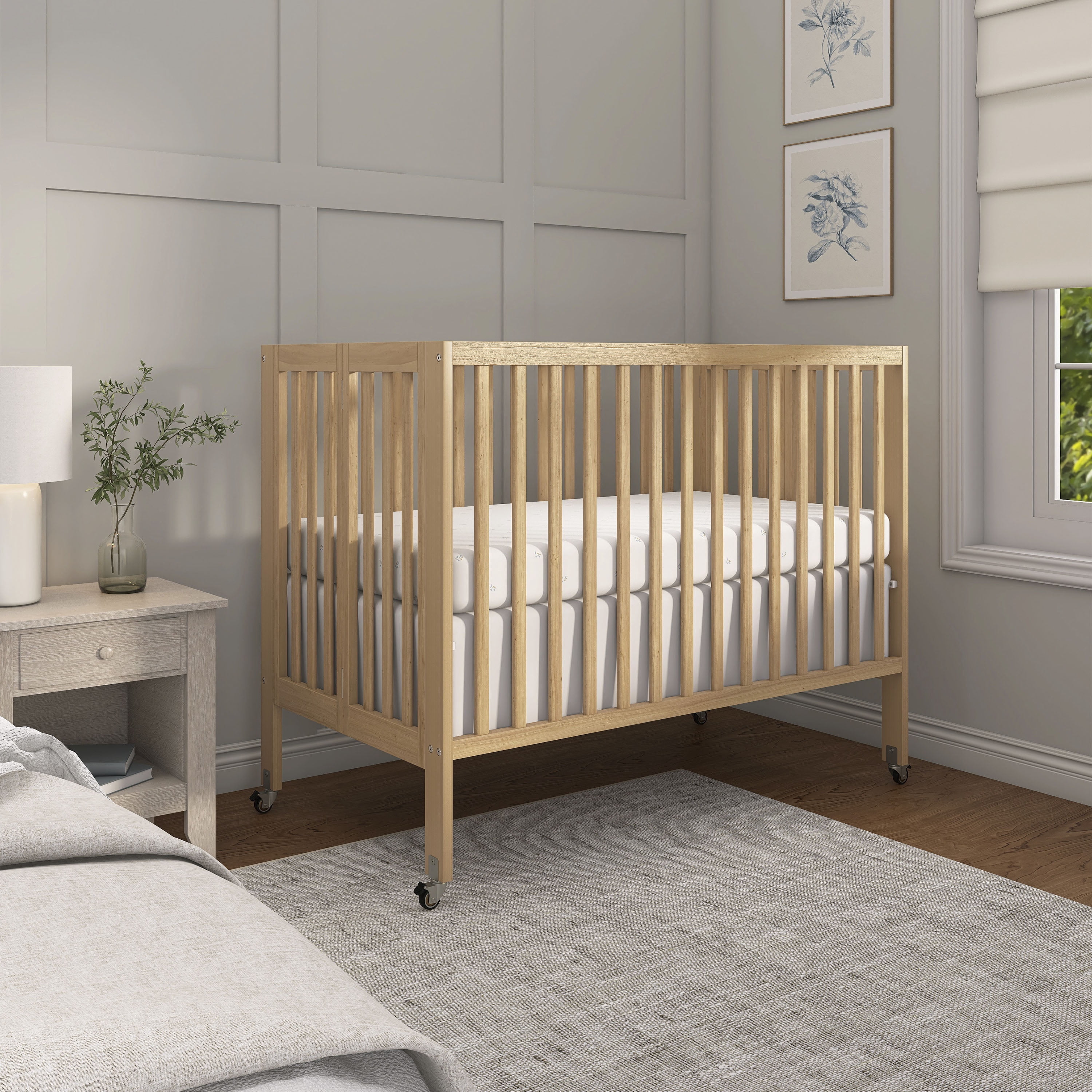 Dream On Me Quinn Full-Size Folding Crib, Removable Wheels, Modern Nursey, Adjustable Mattress Support, Patent Folding System in Natural - Image 8