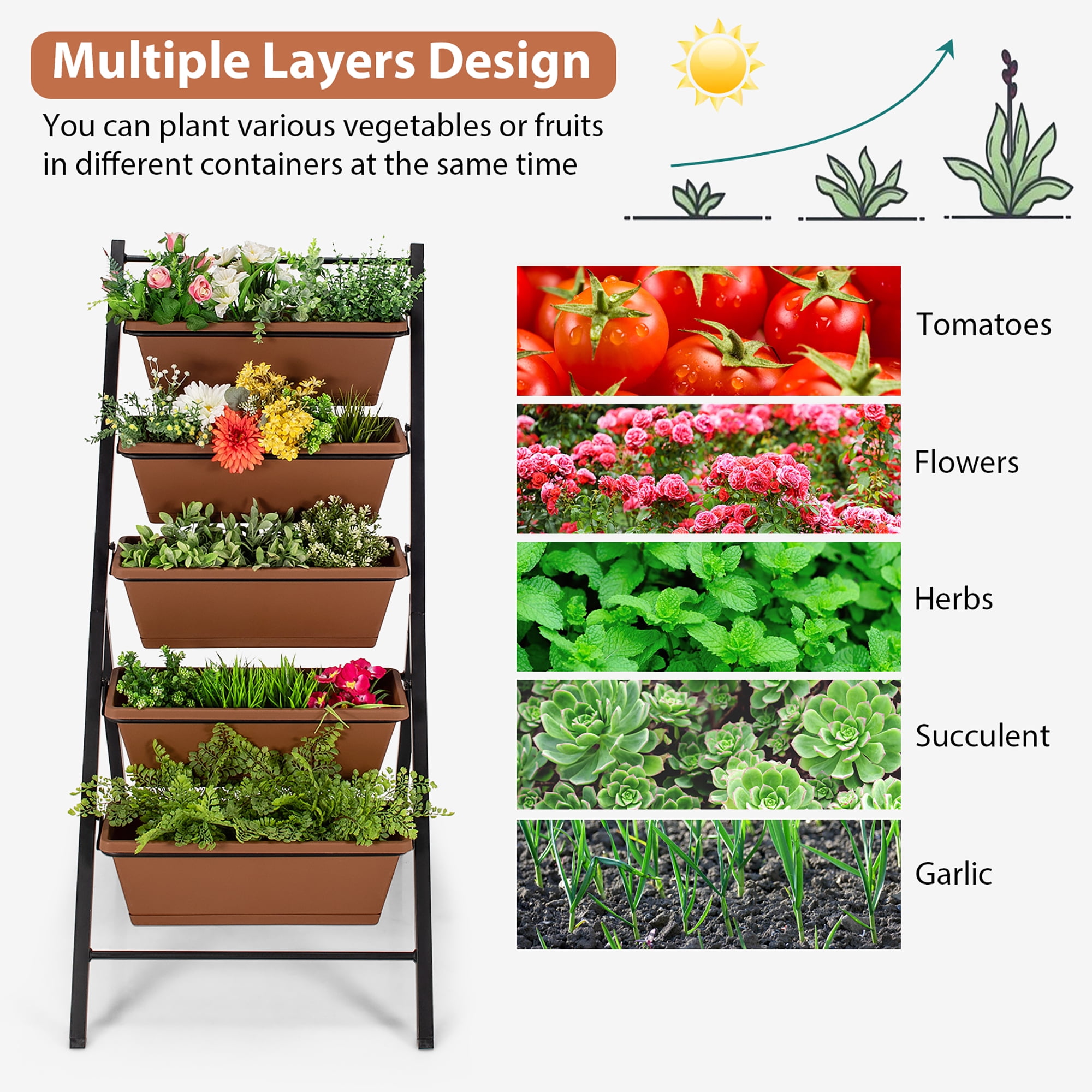 Costway 5-tier Vertical Garden Planter Box Elevated Raised Bed w/5 Container Brown - Image 8