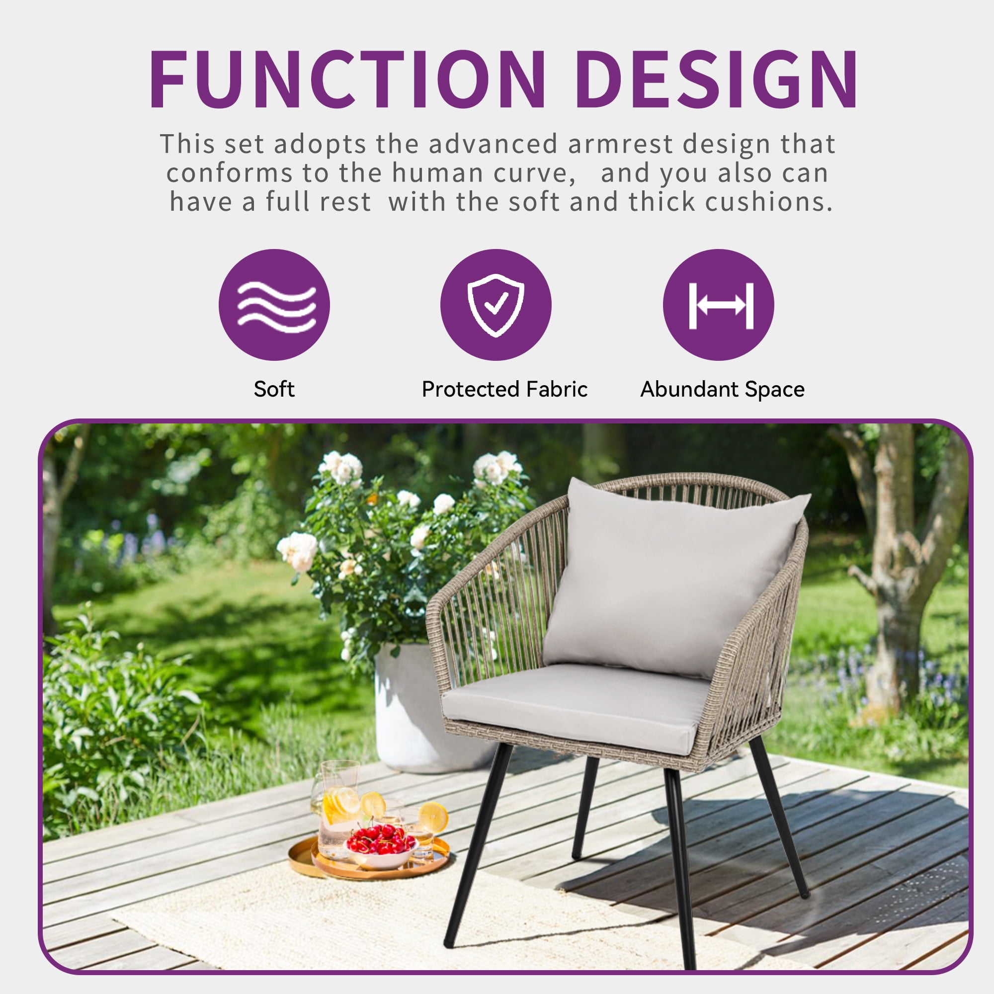Dextrus 3-Piece Compact Rattan Wicker Outdoor Patio Set with Cushions and Glass Side Table, Gray - Image 3