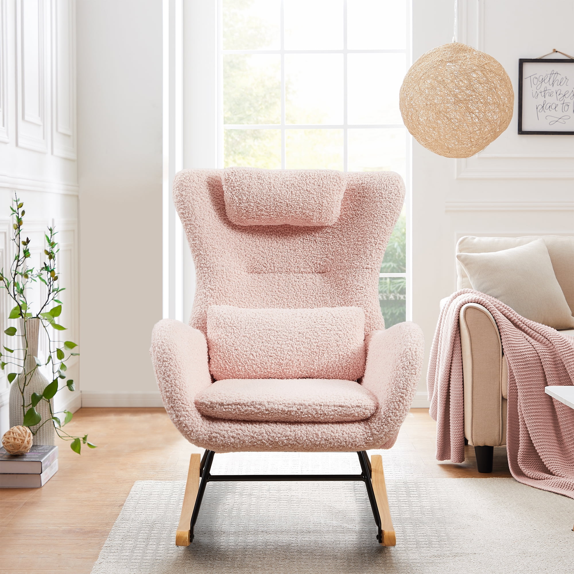 DEALTOPS Nursery Rocking Chair, Modern Rocking Chair with High Backrest and Armrests, Upholstered Glider Rocker with Solid Wood Legs, Comfy Side Chair for Living Room Bedroom-Pink - Image 5