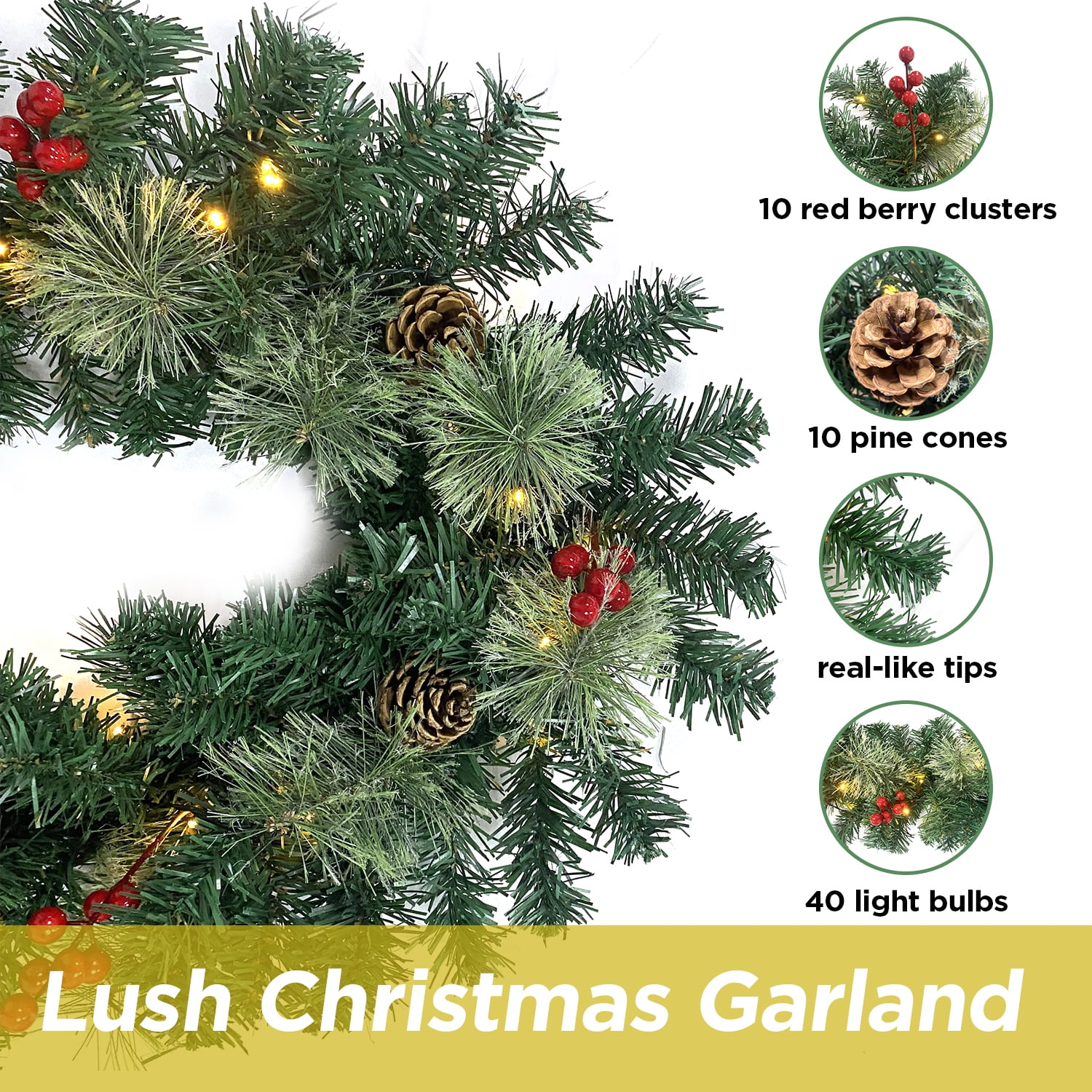 Christmas Garland Pre-Lit Artificial Green with Pine Cones Berry Clusters 40 Lights 6ft for Winter Christmas Indoor Outdoor New Year Xmas Decorations - Image 6