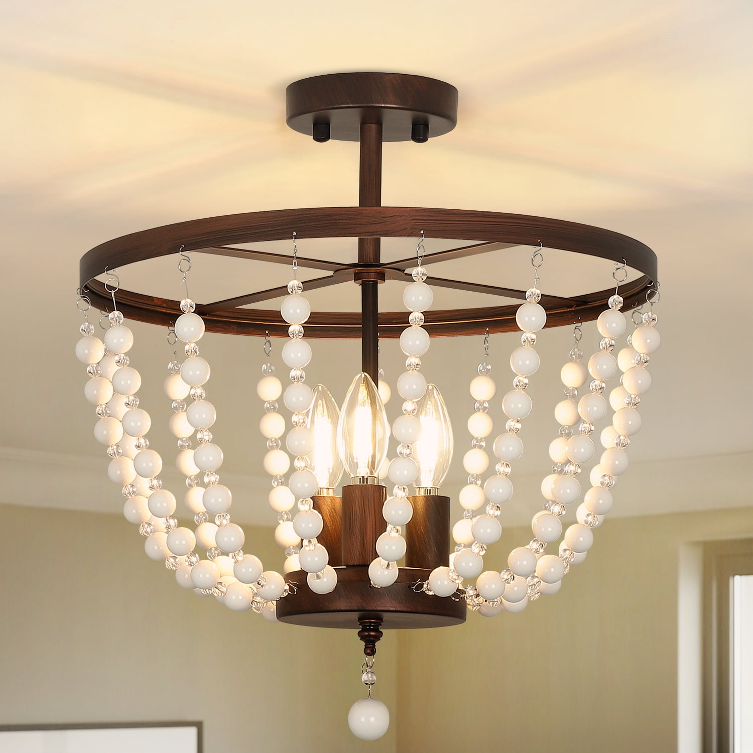Depuley 3 Light Boho Chandlier Beaded Pendant Light Bohemian Chandelier Rustic Semi Flush Mount Ceiling Light for Kitchen Living Room Bedroom Dining, E26 Socket - Image 2