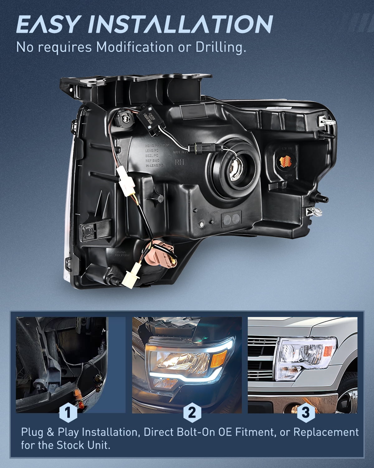 Nilight Headlights Assembly for Ford F150 F-150 2009 2010 2011 2012 2013 2014,Led DRL Headlamp,Chrome Housing - Image 3