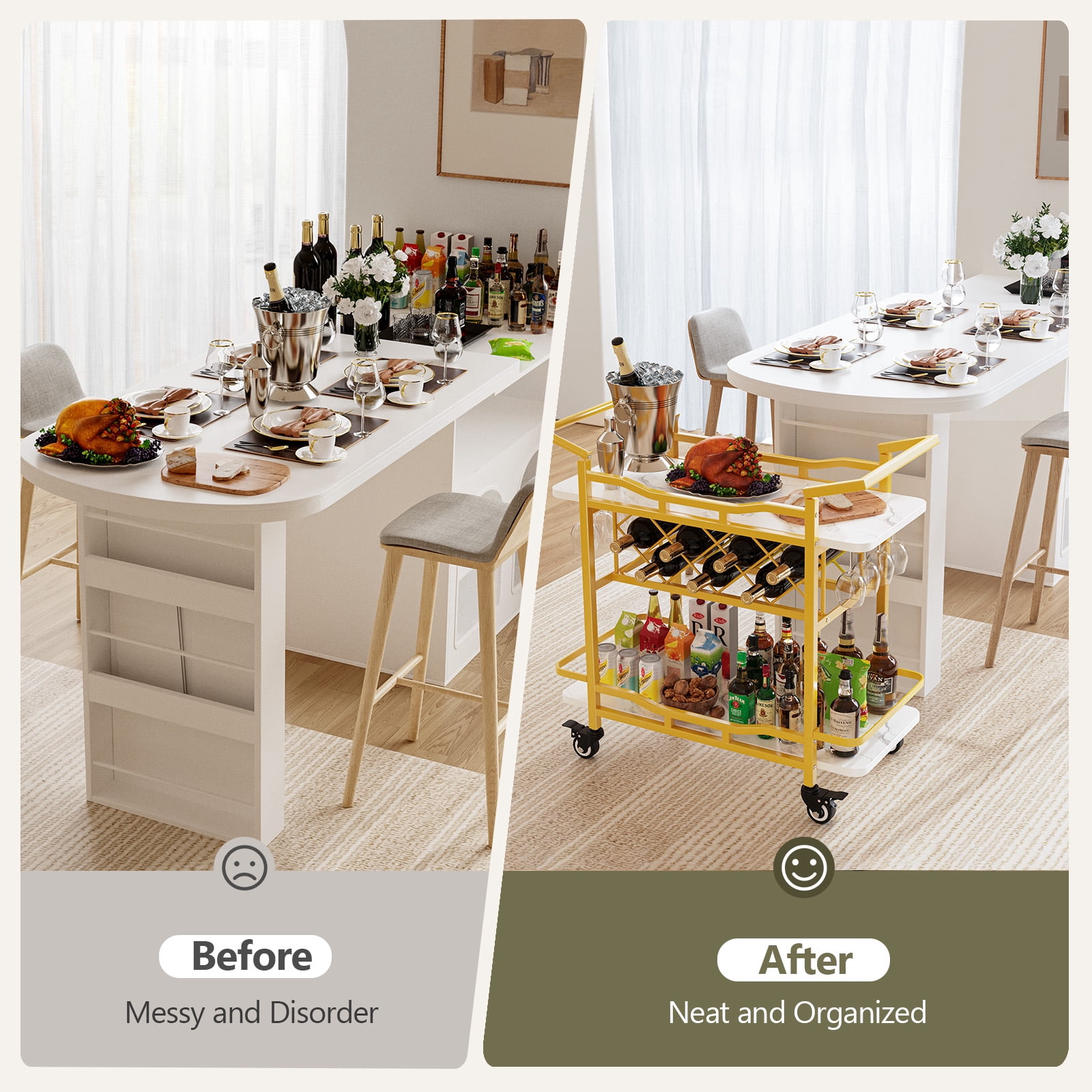 Kalrin Rolling Bar Cart with Wheels, Beverage Serving Cart with Wine Racks and Glasses Holder, Coffee Bar Cart for The Home, Party - Image 7