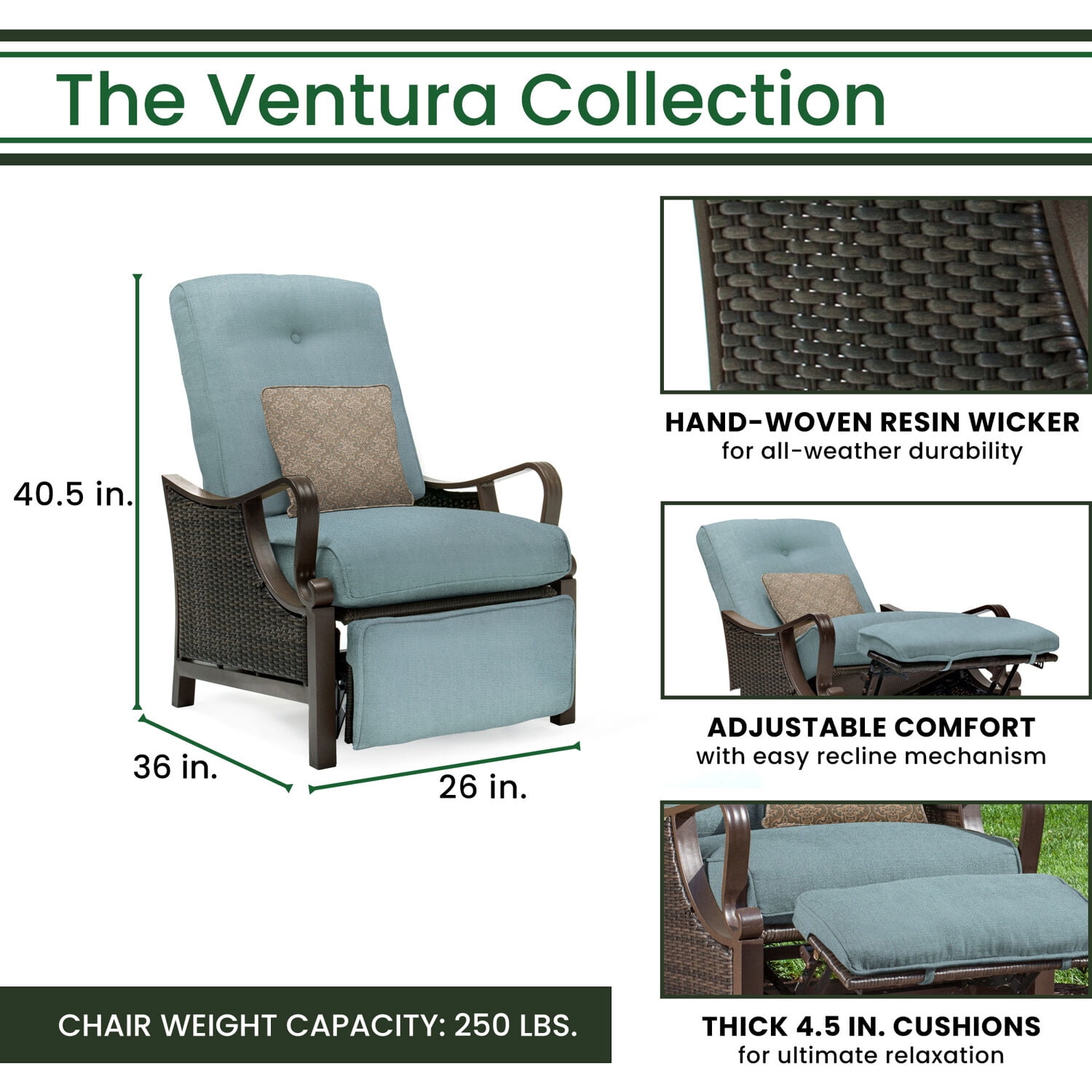 Hanover Ventura Steel Outdoor Patio Woven Luxury Recliner with Brown Wicker, Ocean Blue Cushions and Pillow, VENTURAREC-BLU - Image 10