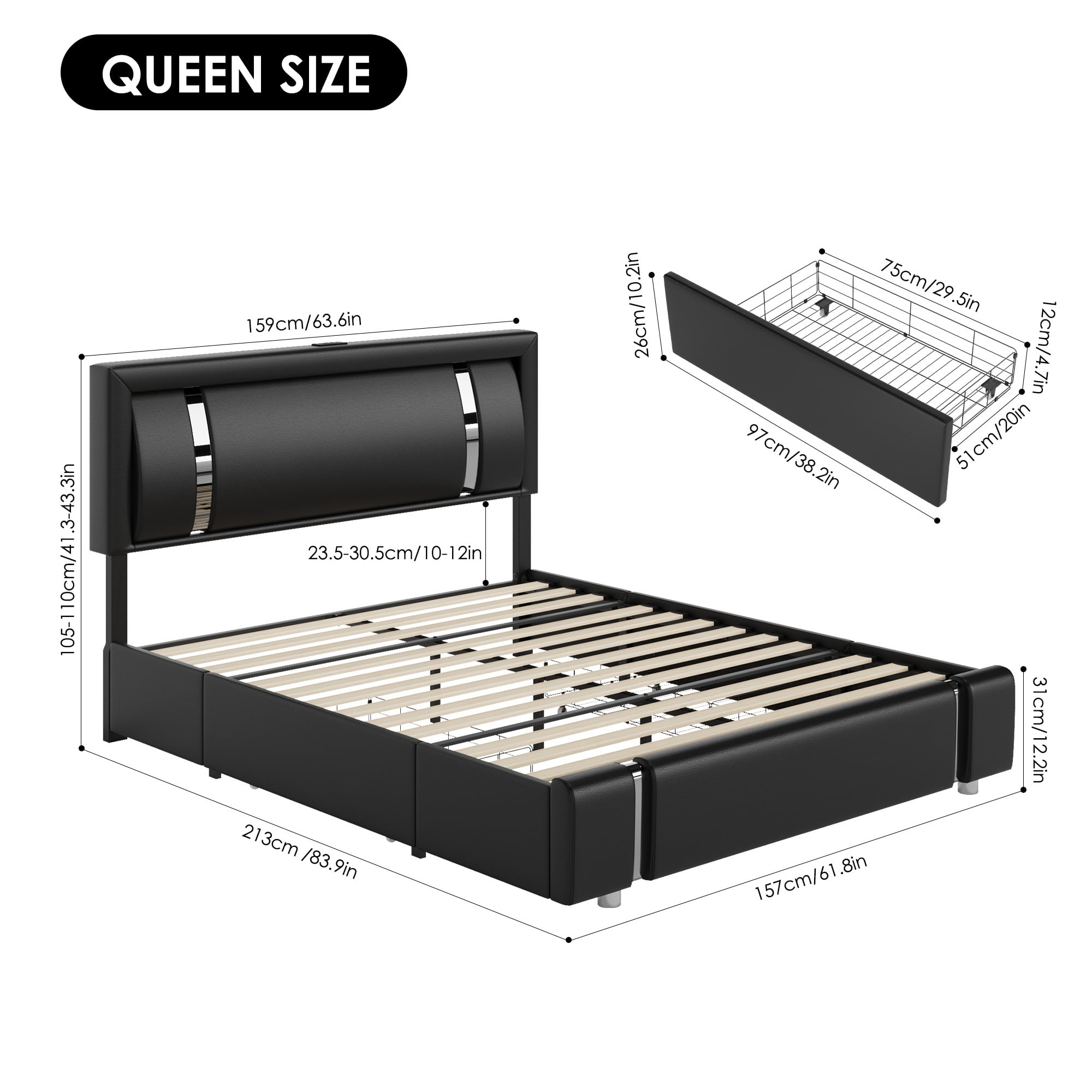 Homfa Queen Size LED Bed Frame with 2 Storage Drawers, Modern Leather Upholstered Platform Bed Frame with Adjustable Headboard, Black - Image 4