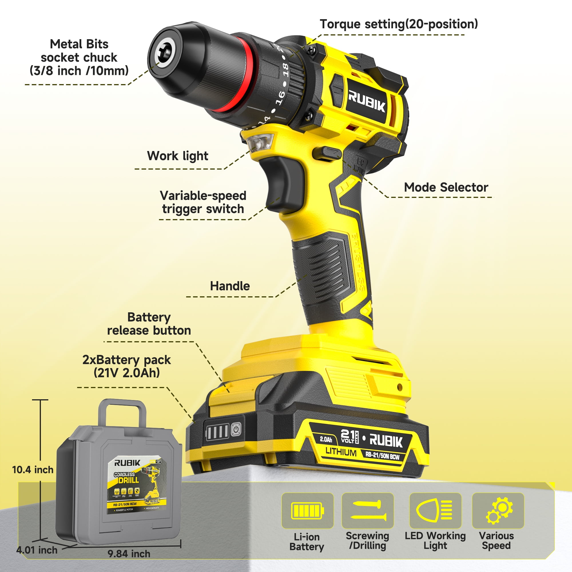 RUBIK Brushless 21V Cordless Drill Driver Kit - Max 50Nm Impact Drill, 2x 2000mAh Batteries, 3/8” Keyless Chuck & LED Light, 450 In-lb Torque, 20+3 Clutch, 2-Variable Speed and Fast charge - Image 4