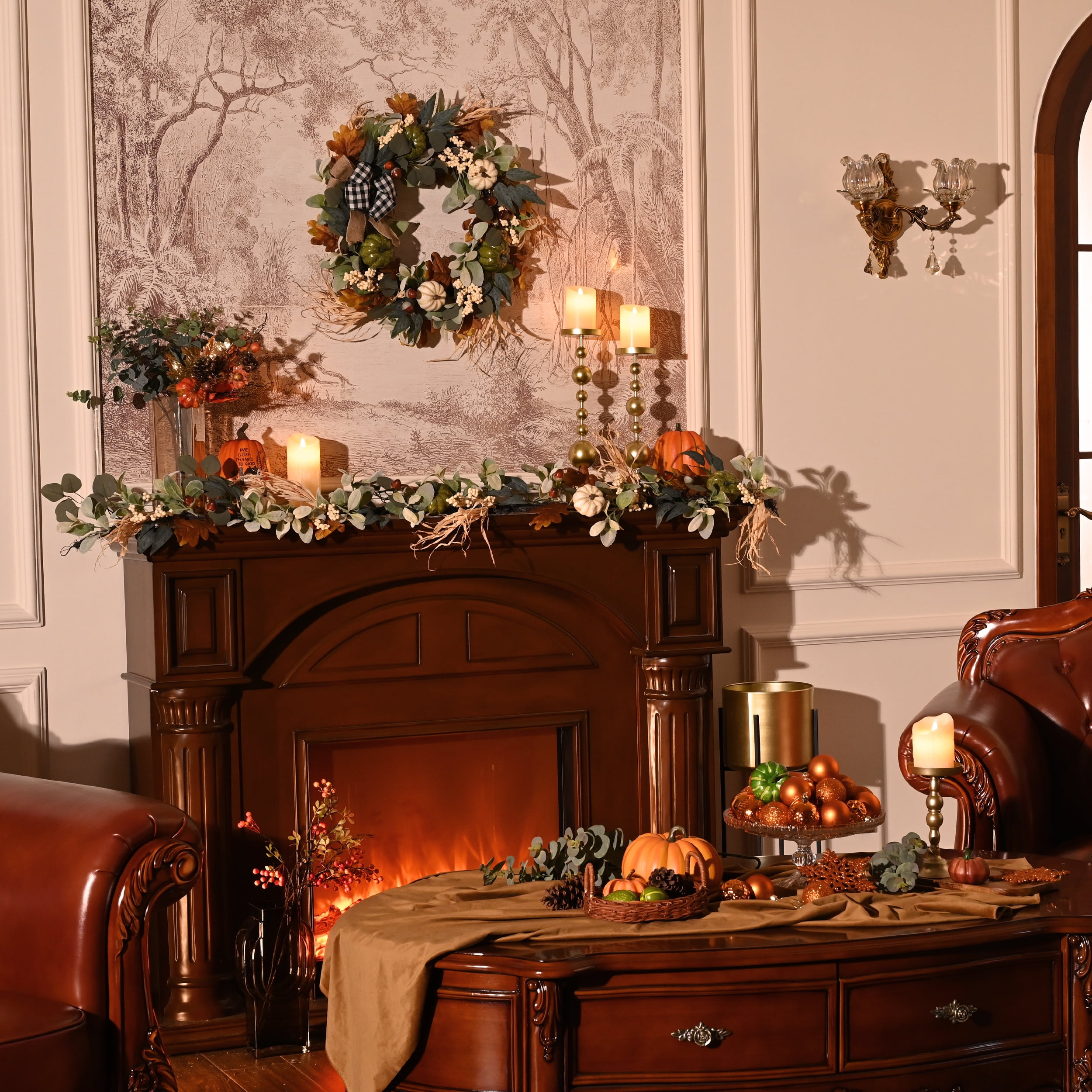 Valery Madelyn 24 inches Pre-Lit Fall Wreath Lighted Thanksgiving Wreath with Red Orange White Pumpkin & Pine Cone Harvest Wreath for Front Door Fireplace Farmhouse - Image 5