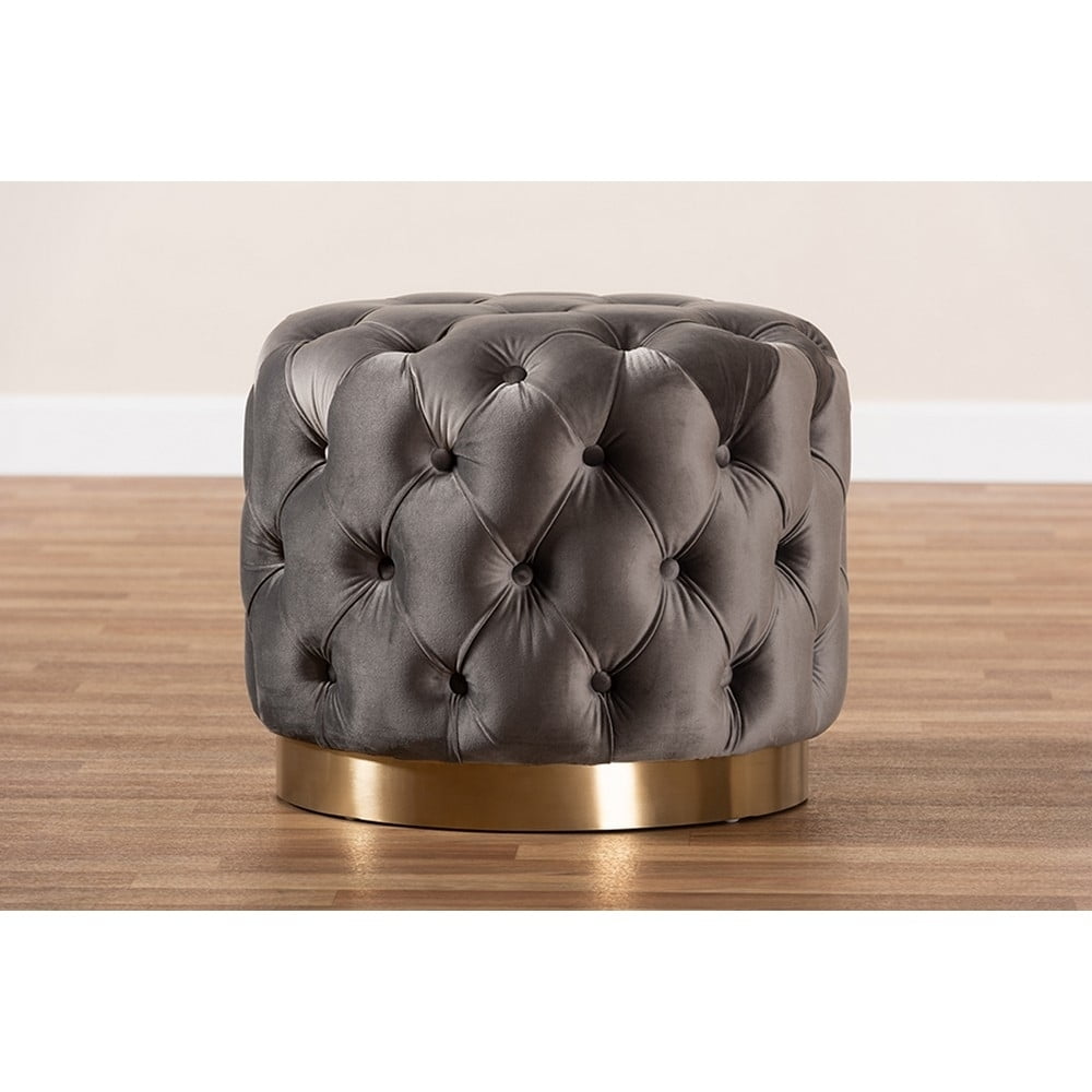 Baxton Studio Valeria Glam Gray Velvet Fabric Upholstered Gold-Finished Button Tufted Ottoman - Image 4