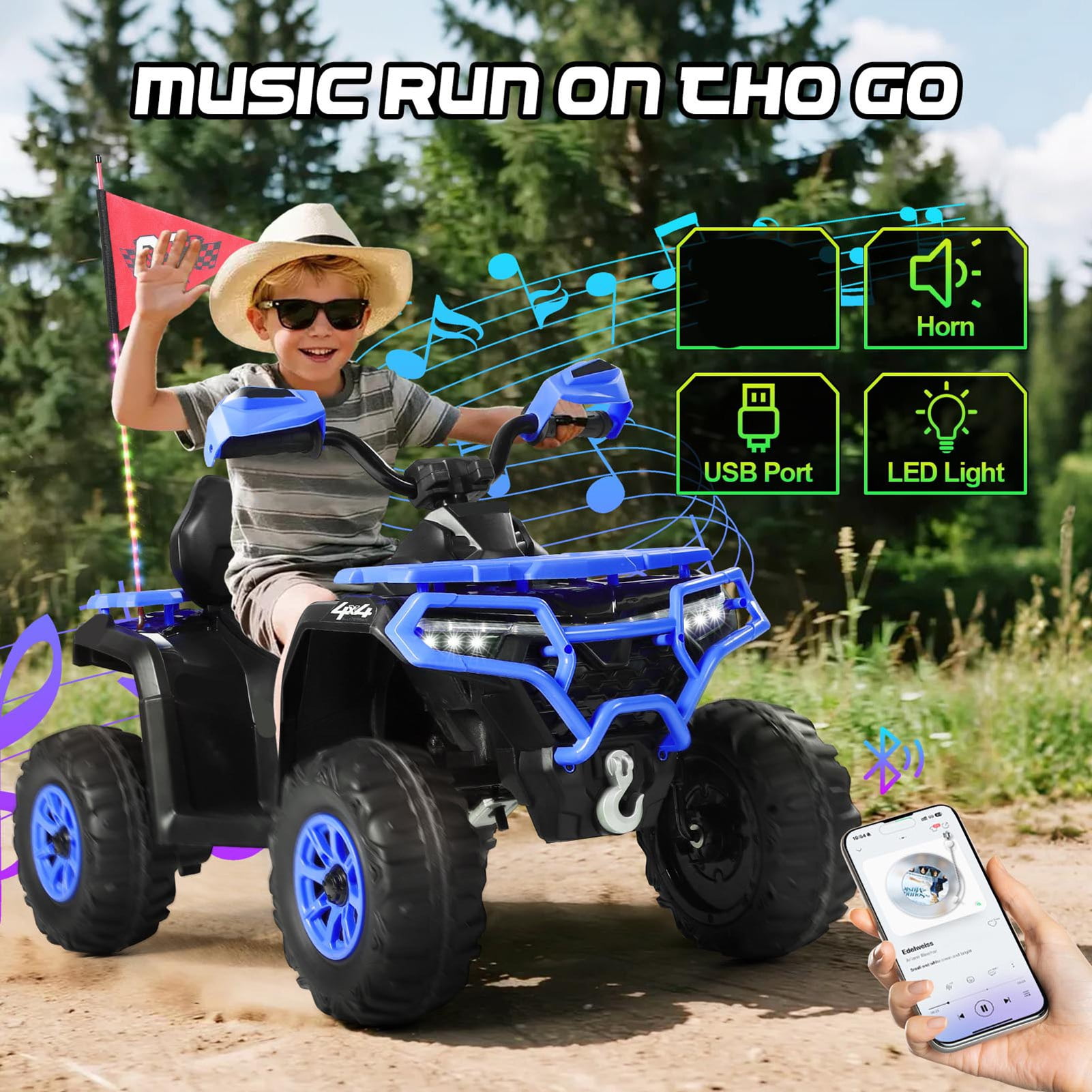Kids ATV 4 Wheeler, 24V Ride on Toys with 2 Seater, Electric Car w/ Bluetooth/MP3 ,and Flag,Blue - Image 9