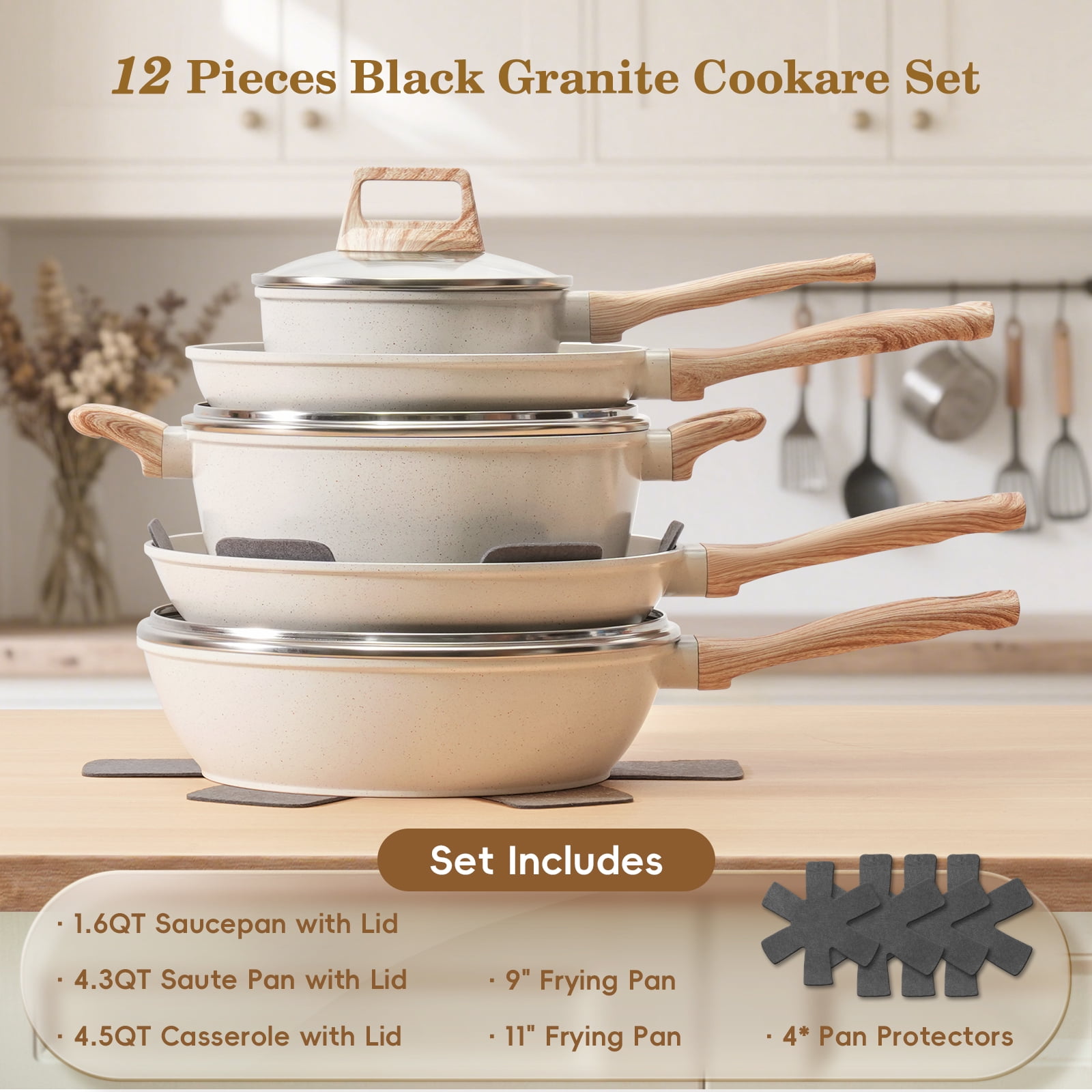 12pcs Pots and Pans Set Non Stick Granite Skillet Frying Kitchen Cooking Cookware for Daily Cooking-White - Image 7