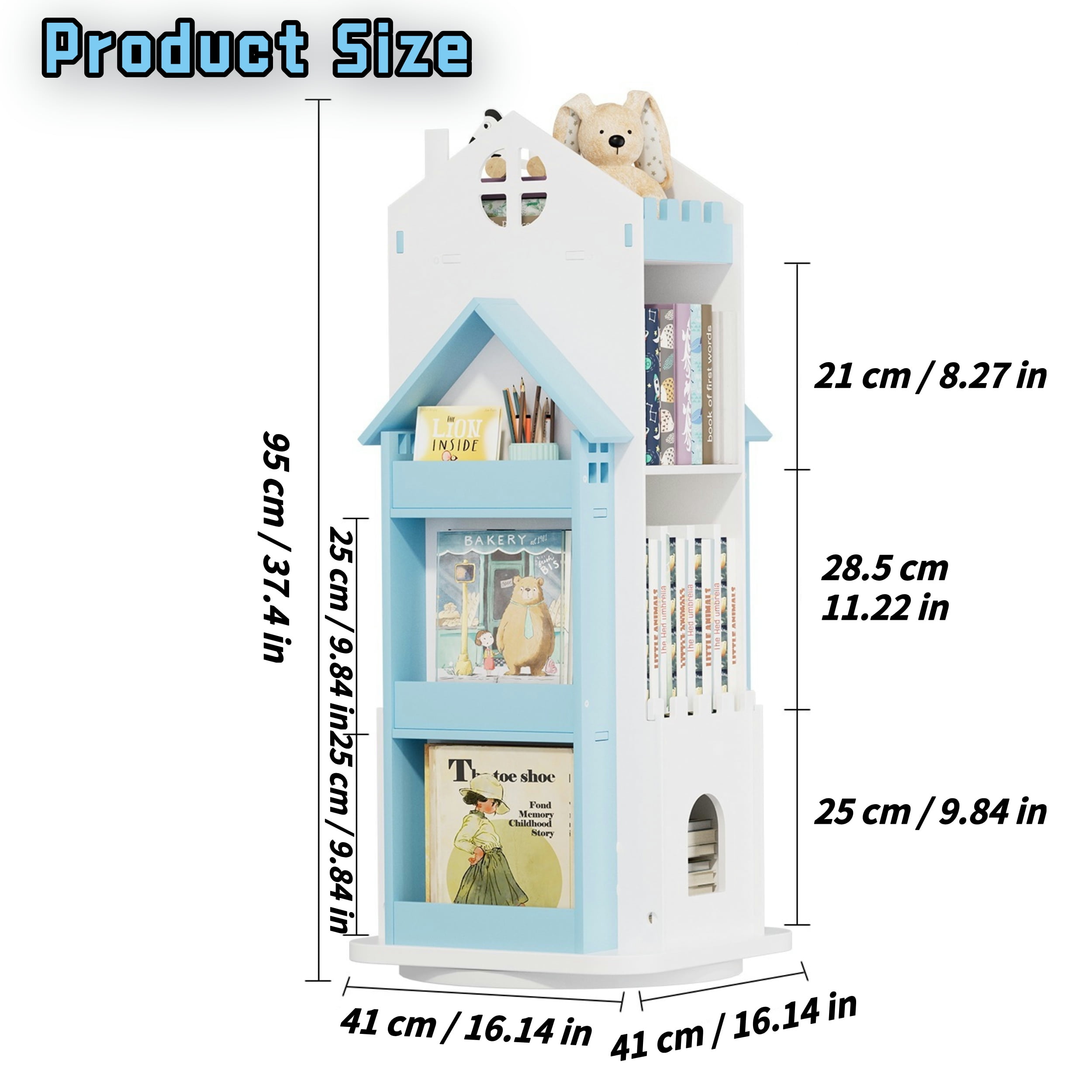 ymokee 3 Tier Rotating Bookshelf, 360° Display Rotating Bookcase, Corner Storage Rack Standing Revolving Bookcase, Swivel Bookshelf Display Rack in Bedroom Office Livingroom, Blue - Image 4