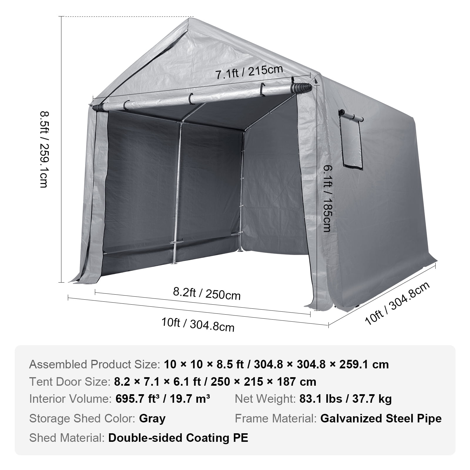 VEVOR Portable Shed Storage Shelter Outdoor, 10x10x8.5 ft Heavy Duty All-Season Instant Storage Tent Tarp Sheds with Roll-up Zipper Door and Ventilated Windows - Image 4