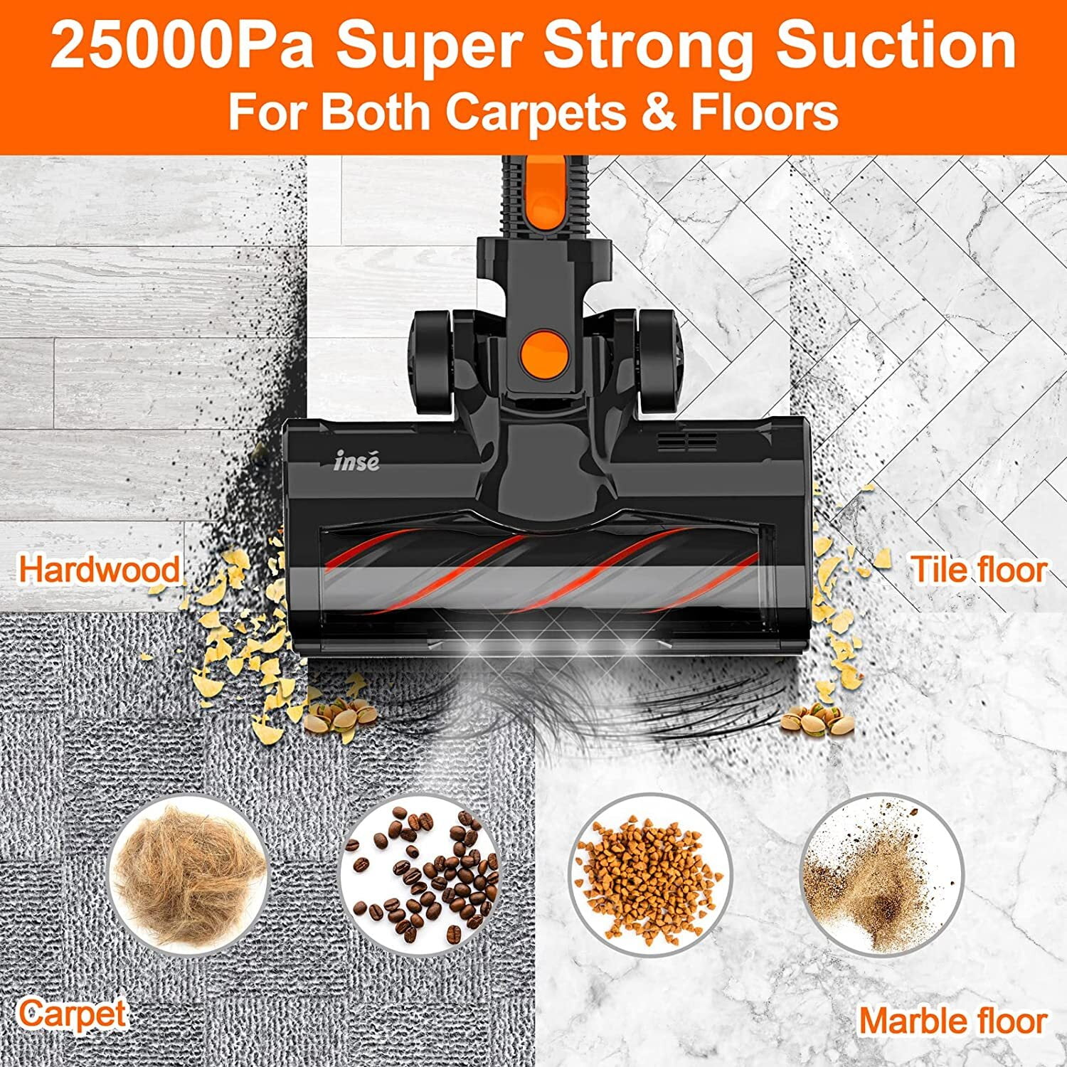 INSE Cordless Vacuum Cleaner,25Kpa Powerful Stick Vacuum,6-in-1 Rechargeable Vacuum with 2500mAh Battery Up to 45mins Runtime,300W Brushless Motor Cordless Vacuum for Pet Hair Hard Floor Carpet - Image 3