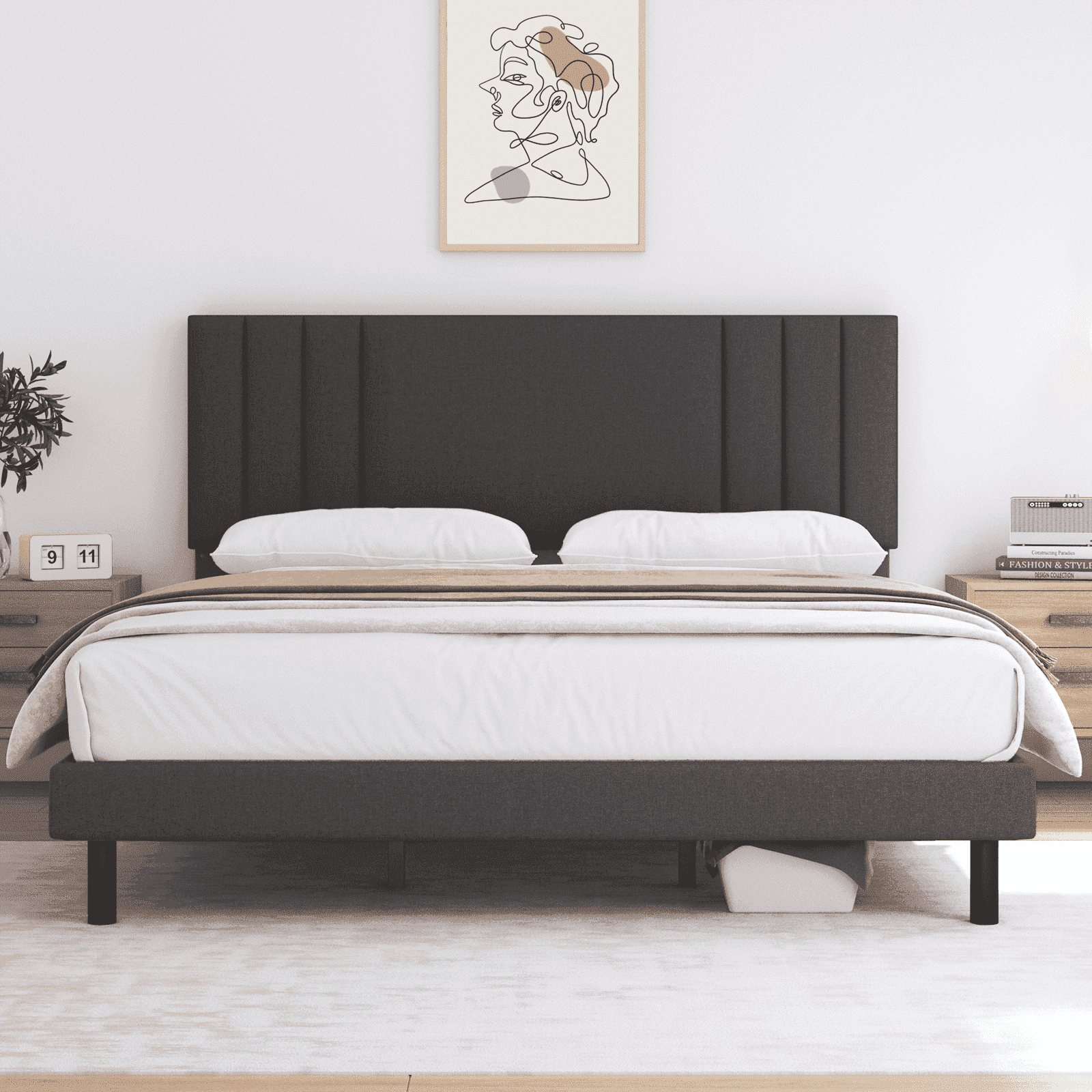 Queen Bed Frame, Lecuneey Platform Bed Frames Queen Size with Fabric Upholstered Headboard, No Box Spring Needed, Grey - Image 5