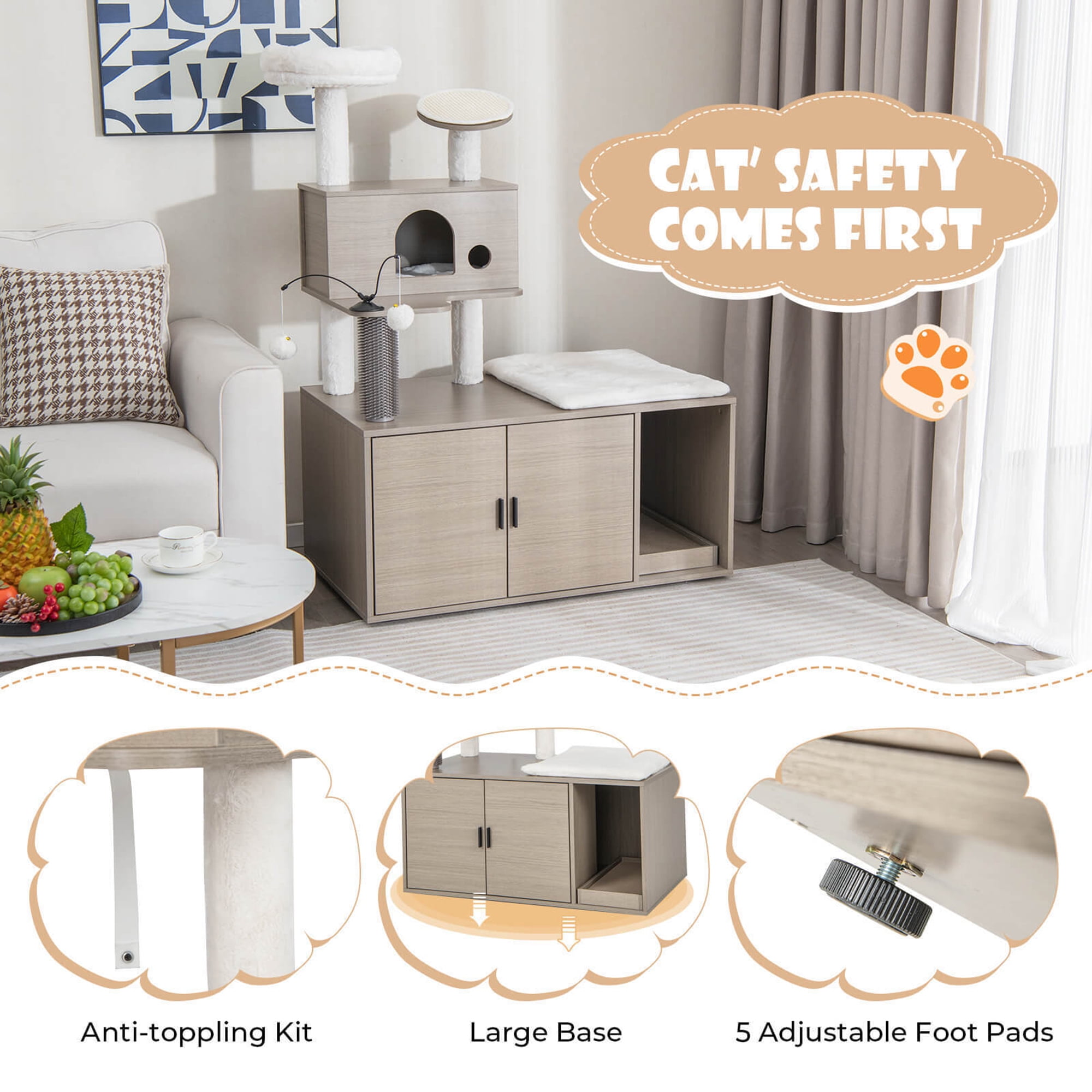 Gymax Cat Tree with Litter Box Enclosure 2-in-1 Modern Cat Tower with Cat Condo - Image 2