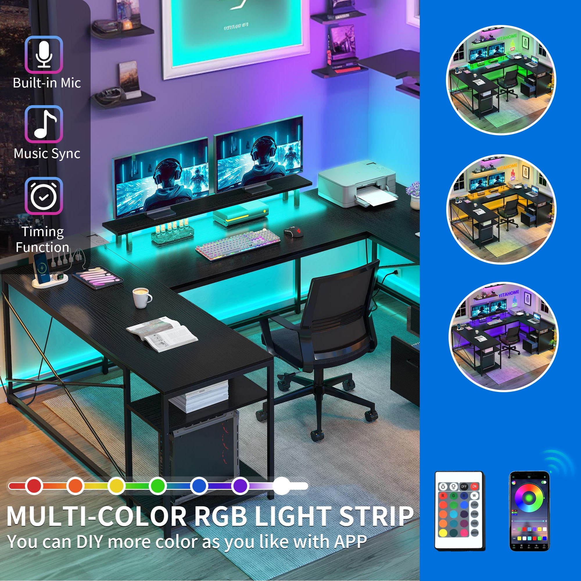 Dextrus L Shaped Desk with Power Outlets & LED Lights, Reversible Computer Desk with Drawers & Storage Shelves, Large U Shaped Desk, Black - Image 12